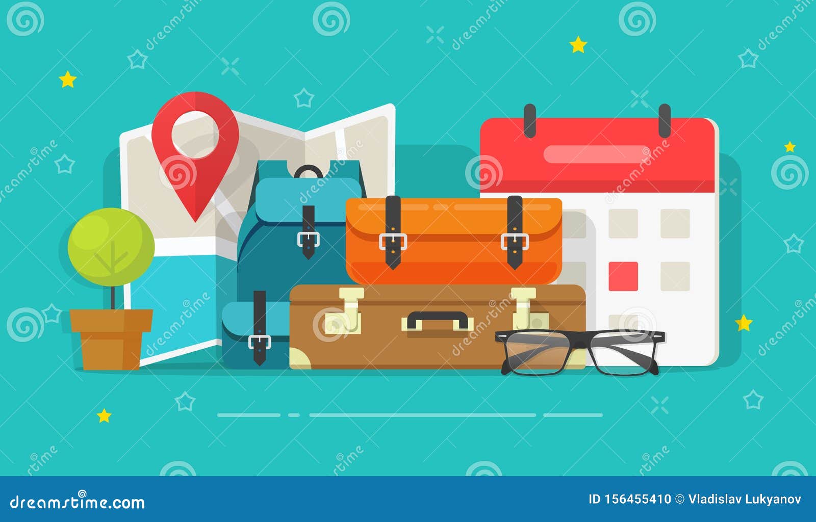 travel or trip destination planning and schedule date  , flat cartoon map route with luggage or