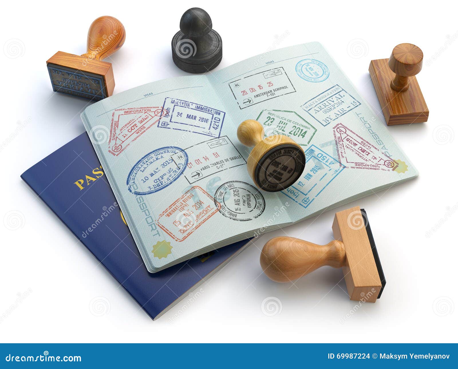 travel or turism concept. opened passport with visa stamps and d