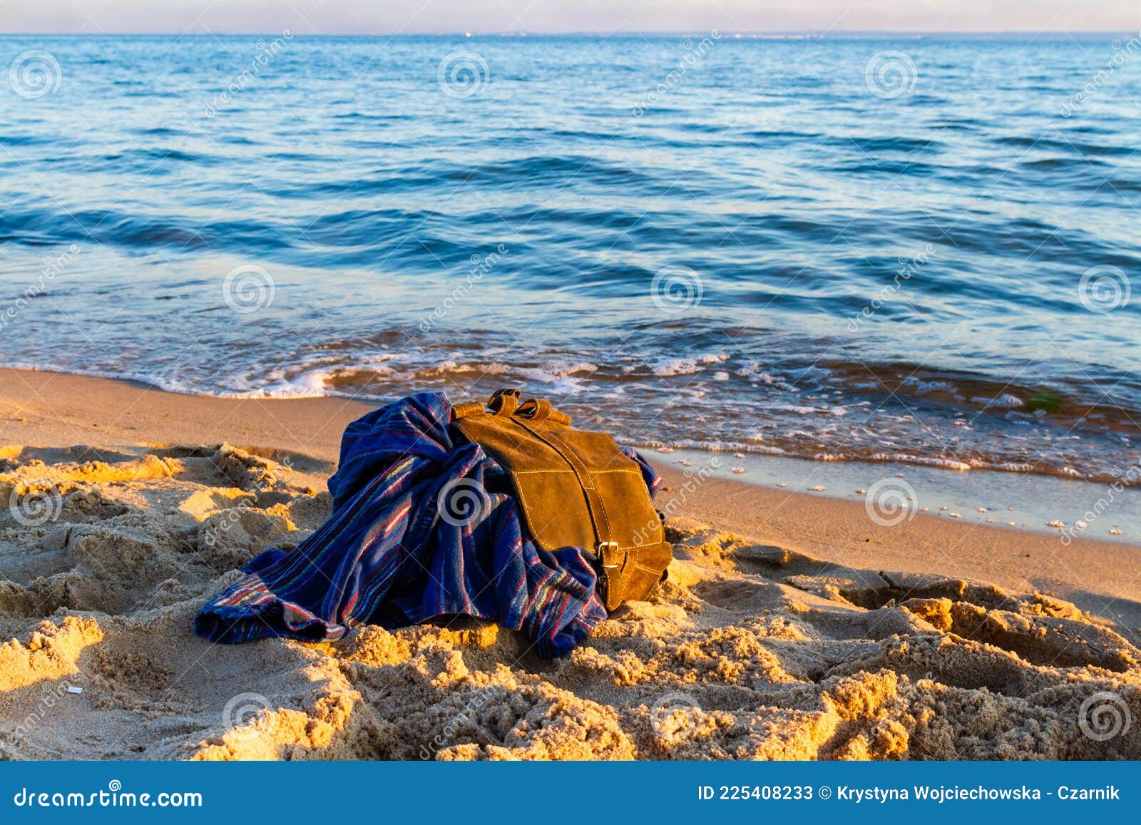 Brown Backpack of Traveler on Seashore. . Baltic Sea, Hel, Pomerania,  Poland. Stock Image - Image of sandy, knapsack: 225408233