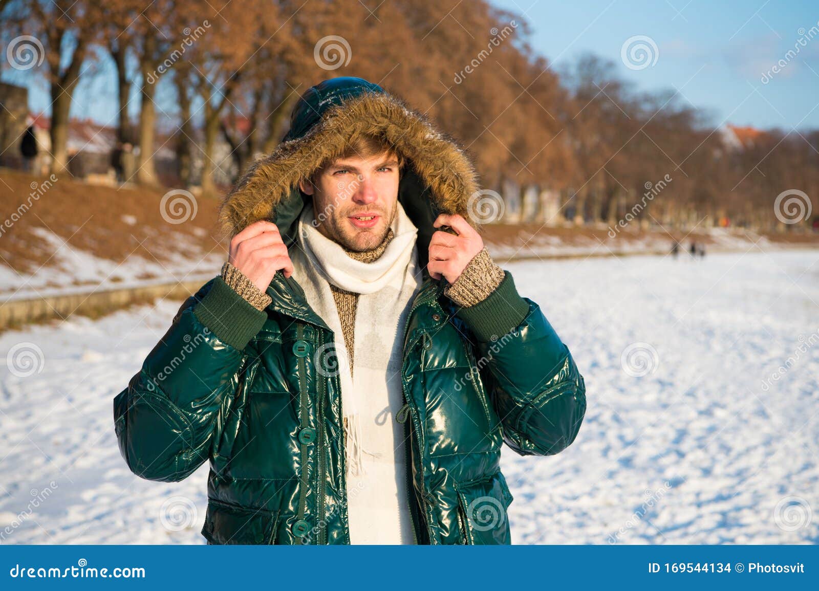 Travel and Vacation Concept. Winter Outfit. Guy Jacket Hood. Man Warm ...
