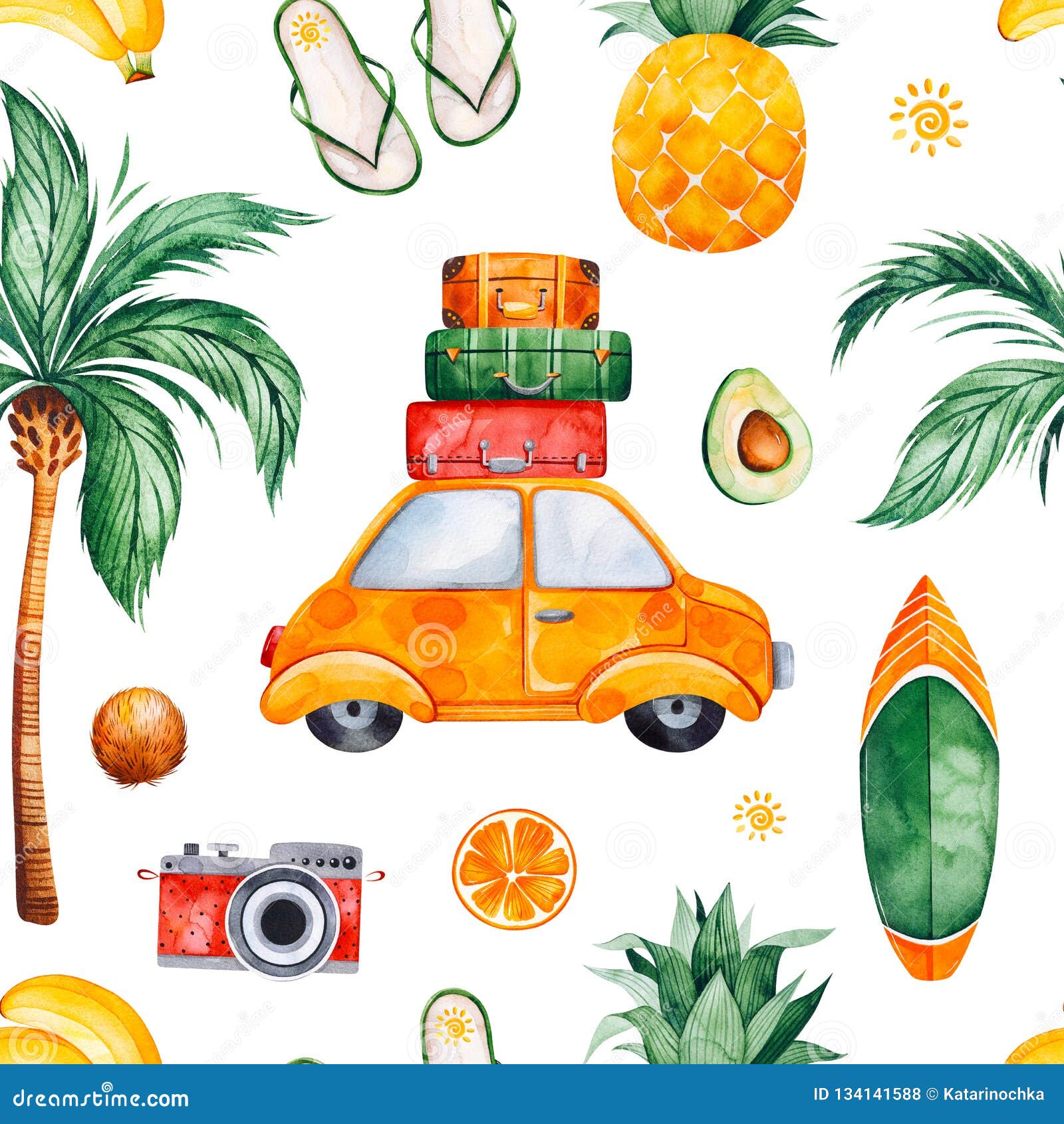 Travel Watercolor Set with Yellow Car, Camera, Flip Flop Stock Illustration  - Illustration of beach, character: 134002741