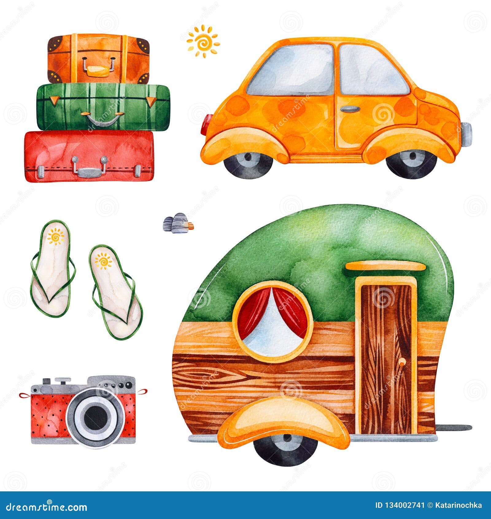Travel Watercolor Set with Yellow Car, Camera, Flip Flop Stock Illustration  - Illustration of beach, character: 134002741