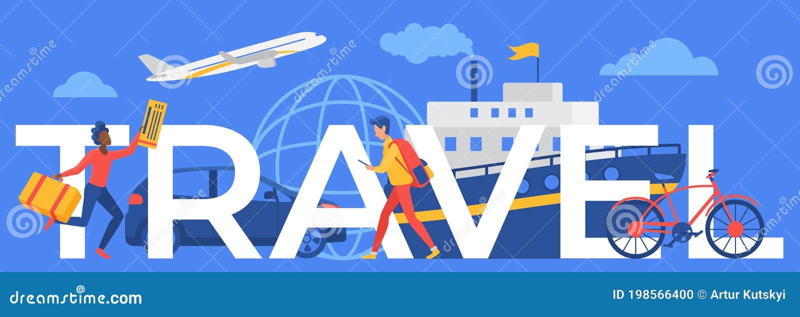 Travel Word Concept, Cartoon Traveler Running with Plane or Ship Cruise ...