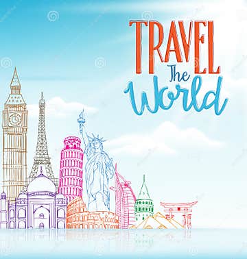 Travel the World Concept Design Background of Line Drawing Stock Vector ...