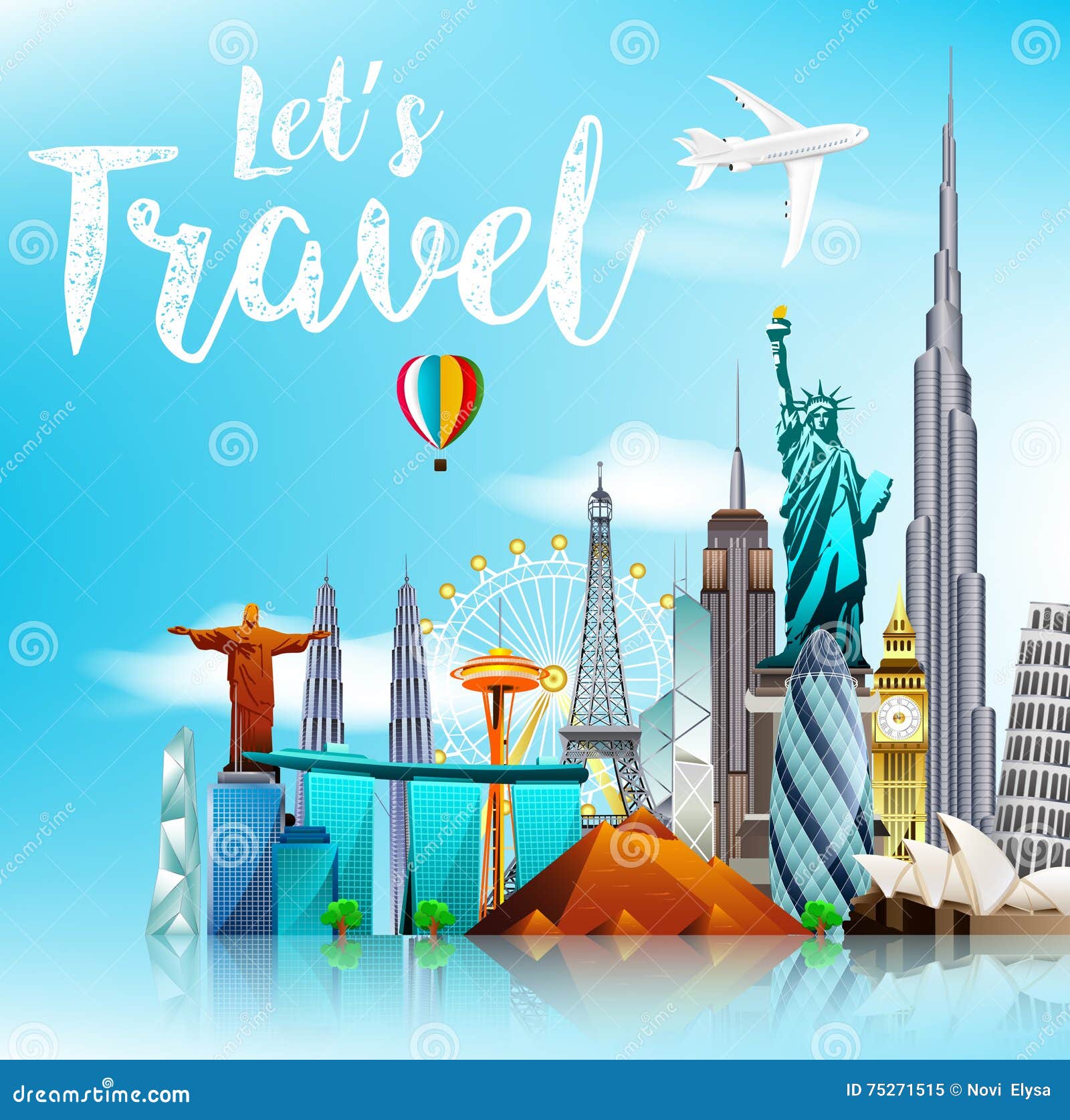 Travel the World Monuments Concept on Blue Skyline Background Stock ...