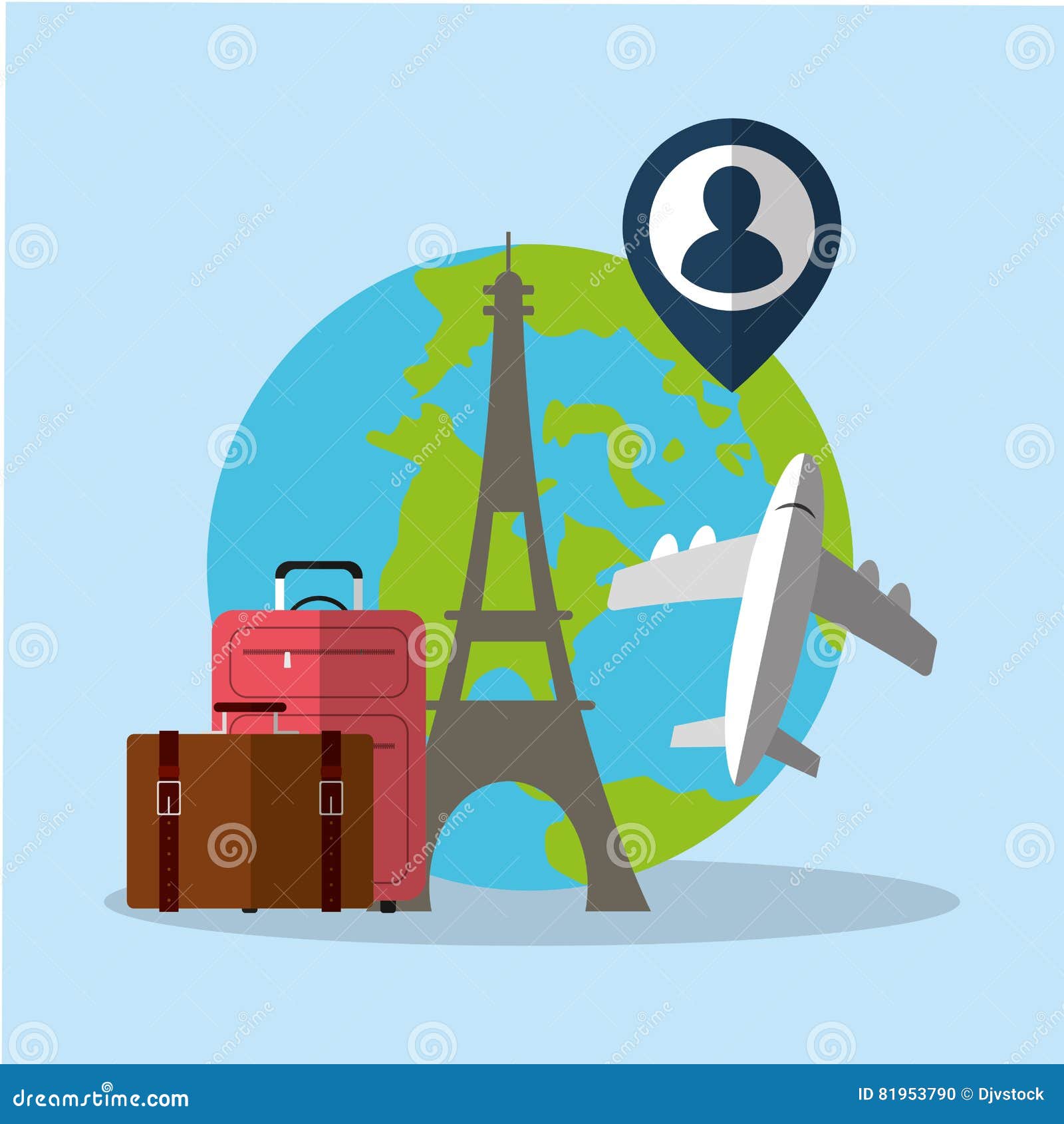 Travel World Plane Luggage Paris Pin Map Stock Illustration ...