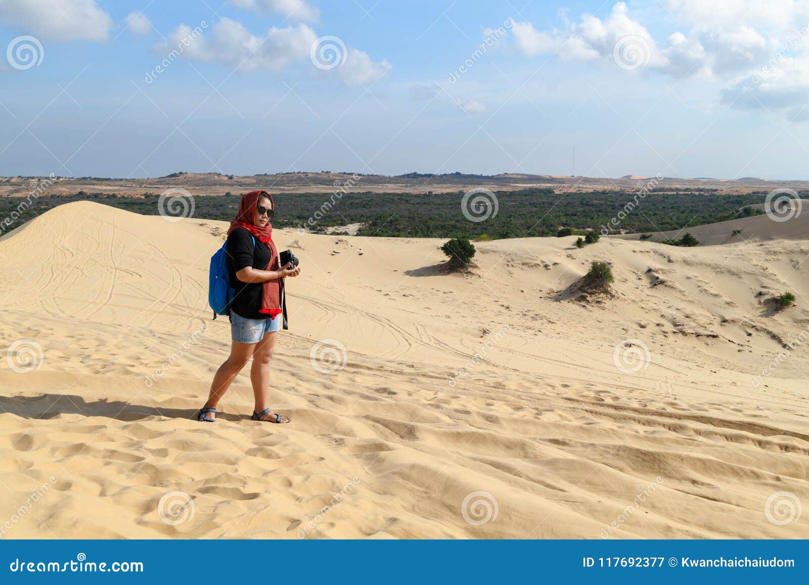 Traveler Holding Camera at White Sand Dune Desert Stock Image - Image ...