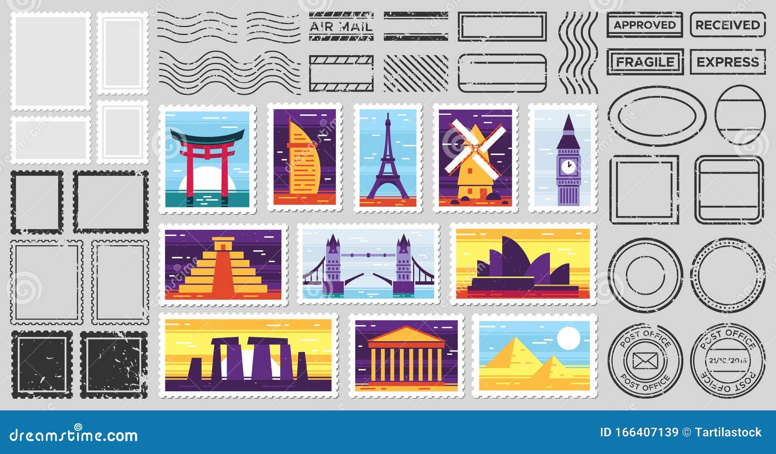 traveler mail post stamp. city attractions postcard, fragile stamp and postage frames  set