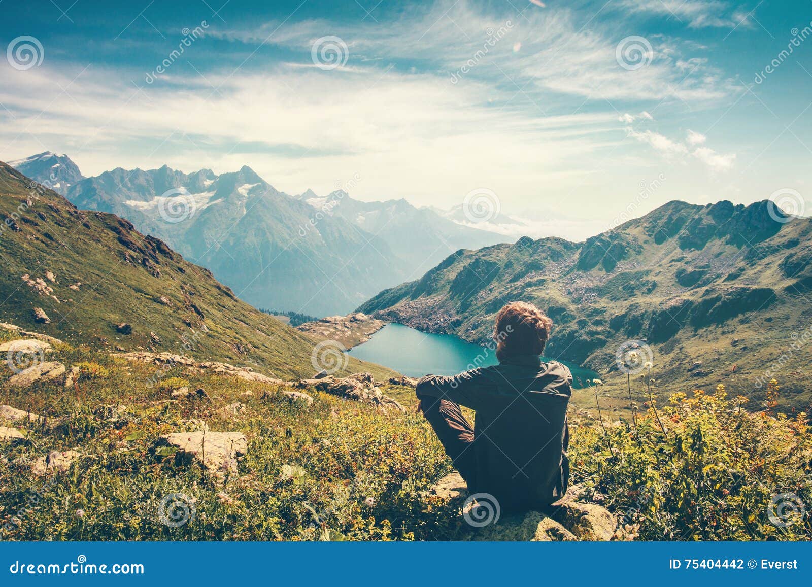 traveler man relaxing meditation with serene view