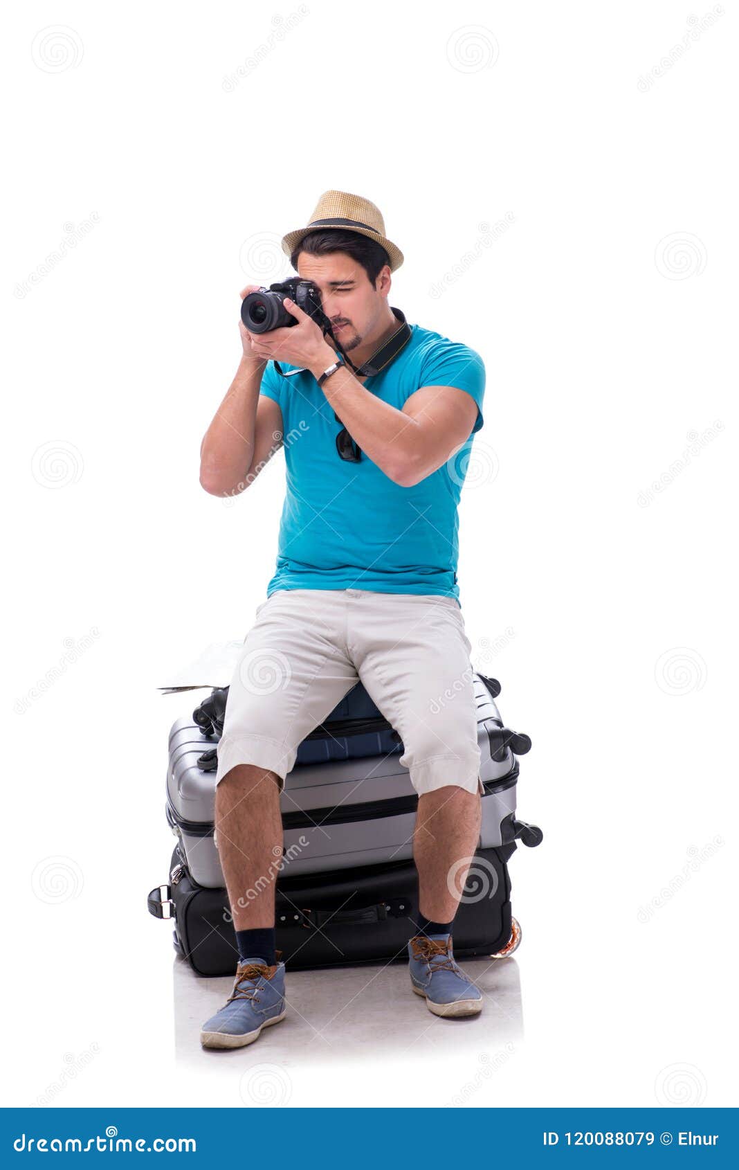 The Traveler with Much Luggage Isolated on White Background Stock Image