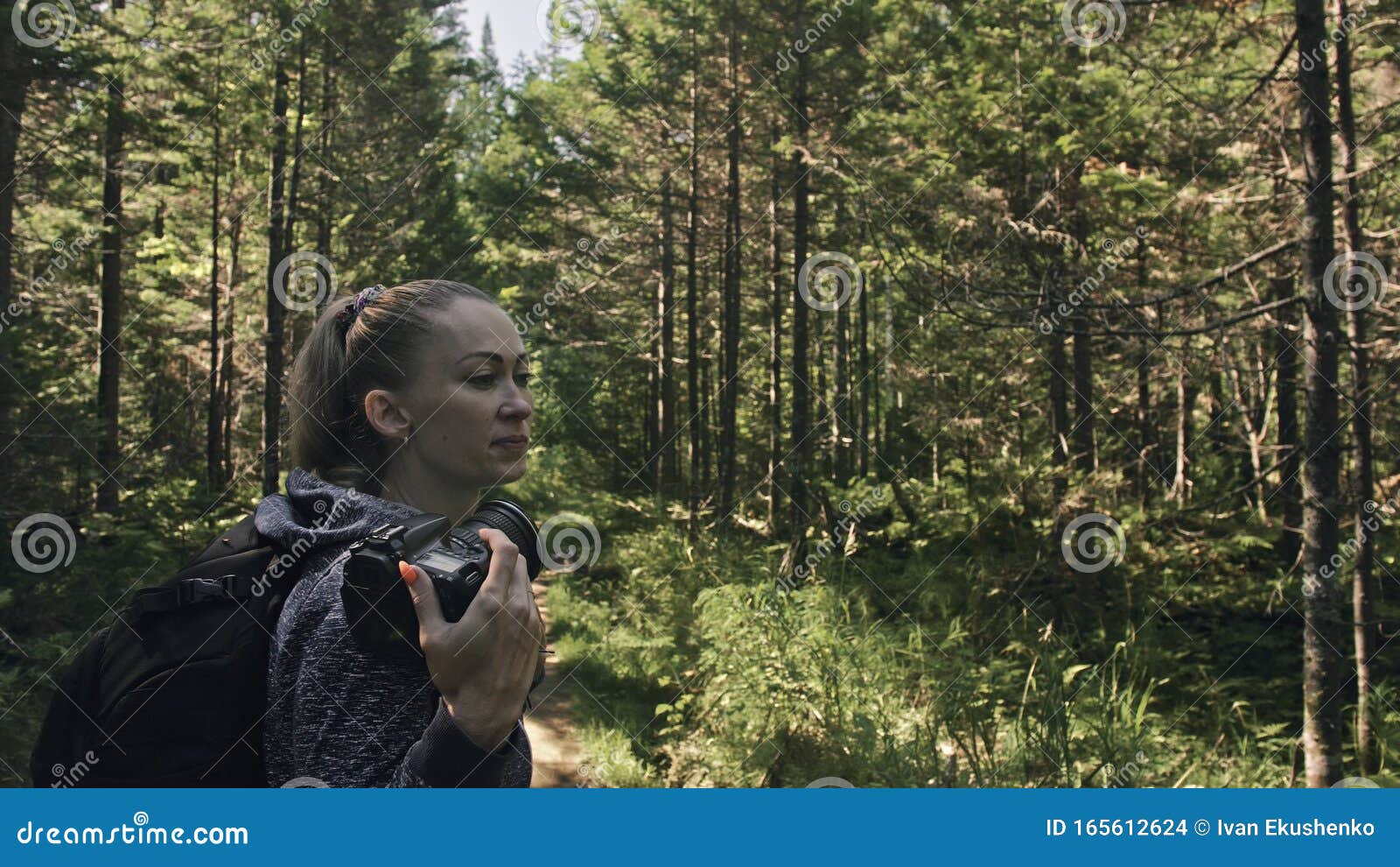 Traveler Photographing Scenic View in Forest. One Caucasian Woman ...