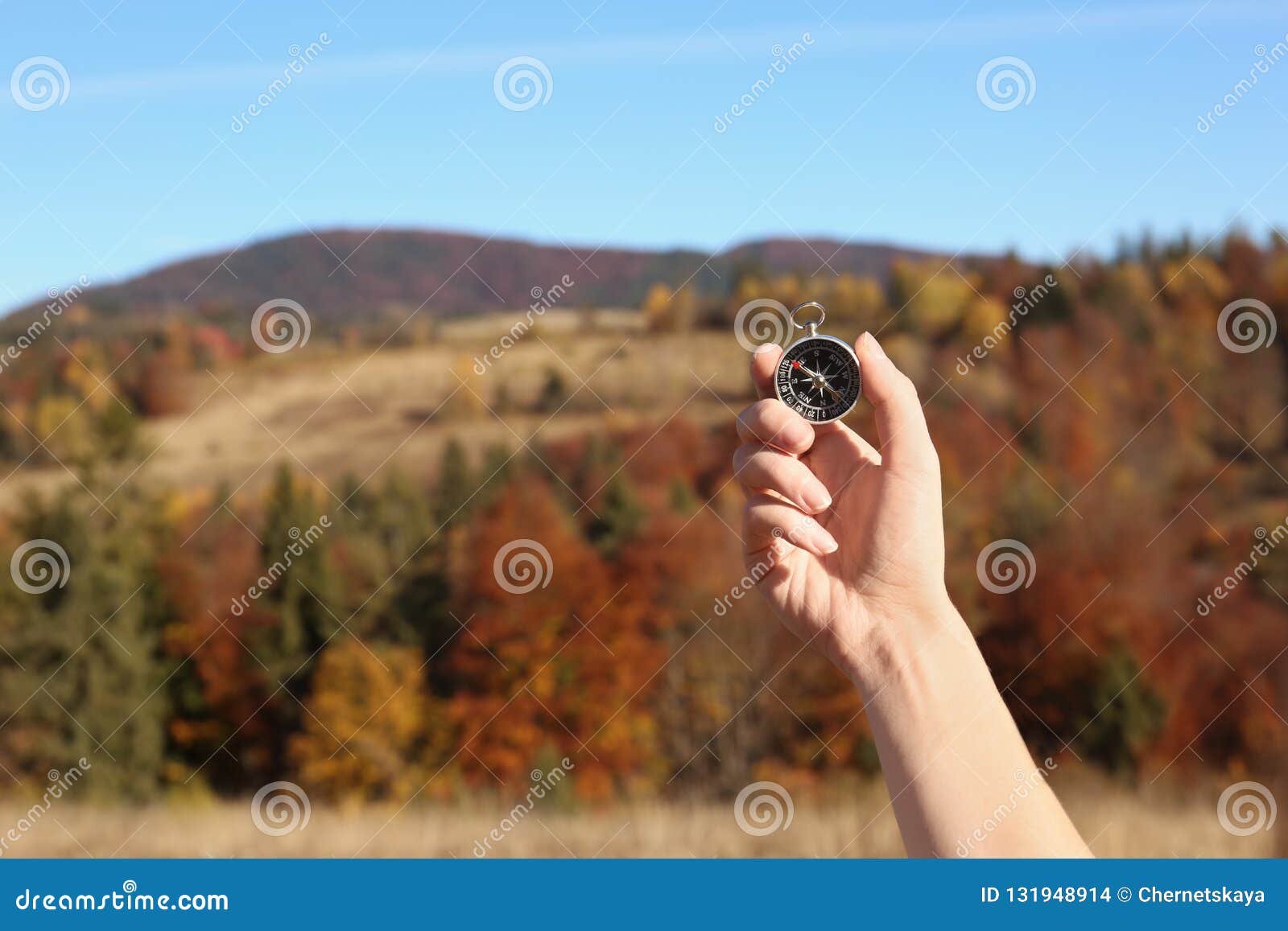 Traveler Searching Direction with Compass in Wilderness, Closeup Stock