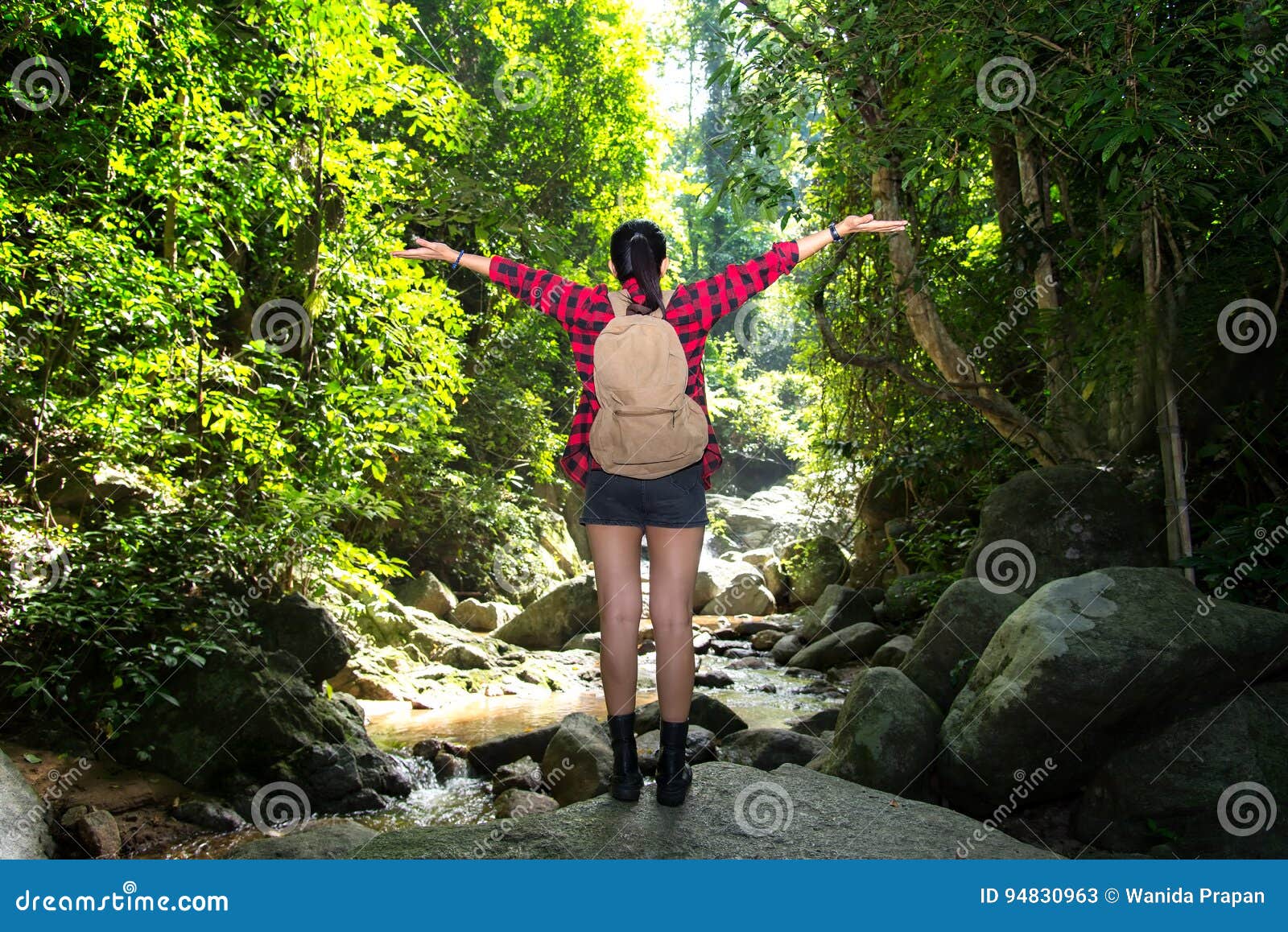 Traveler Woman Feeling Victorious Facing on the Waterfall. Stock Image ...