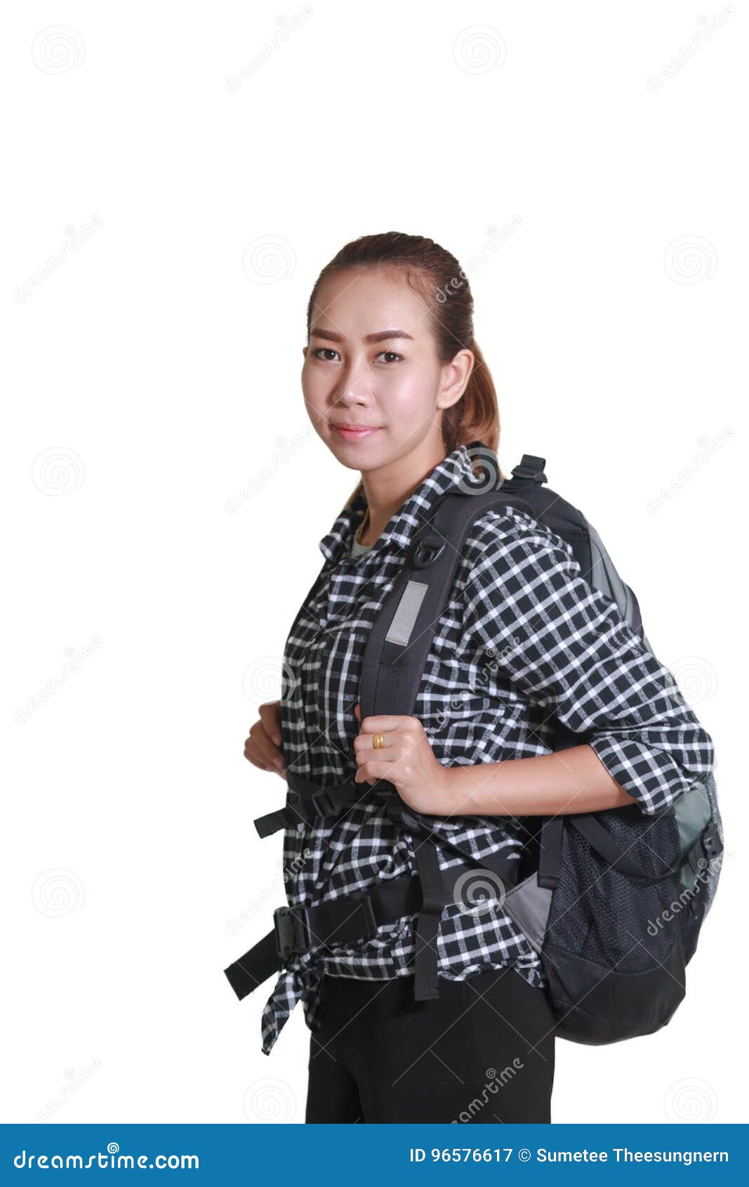 Traveling Asian Woman with Backpack Isolated on White Background Stock