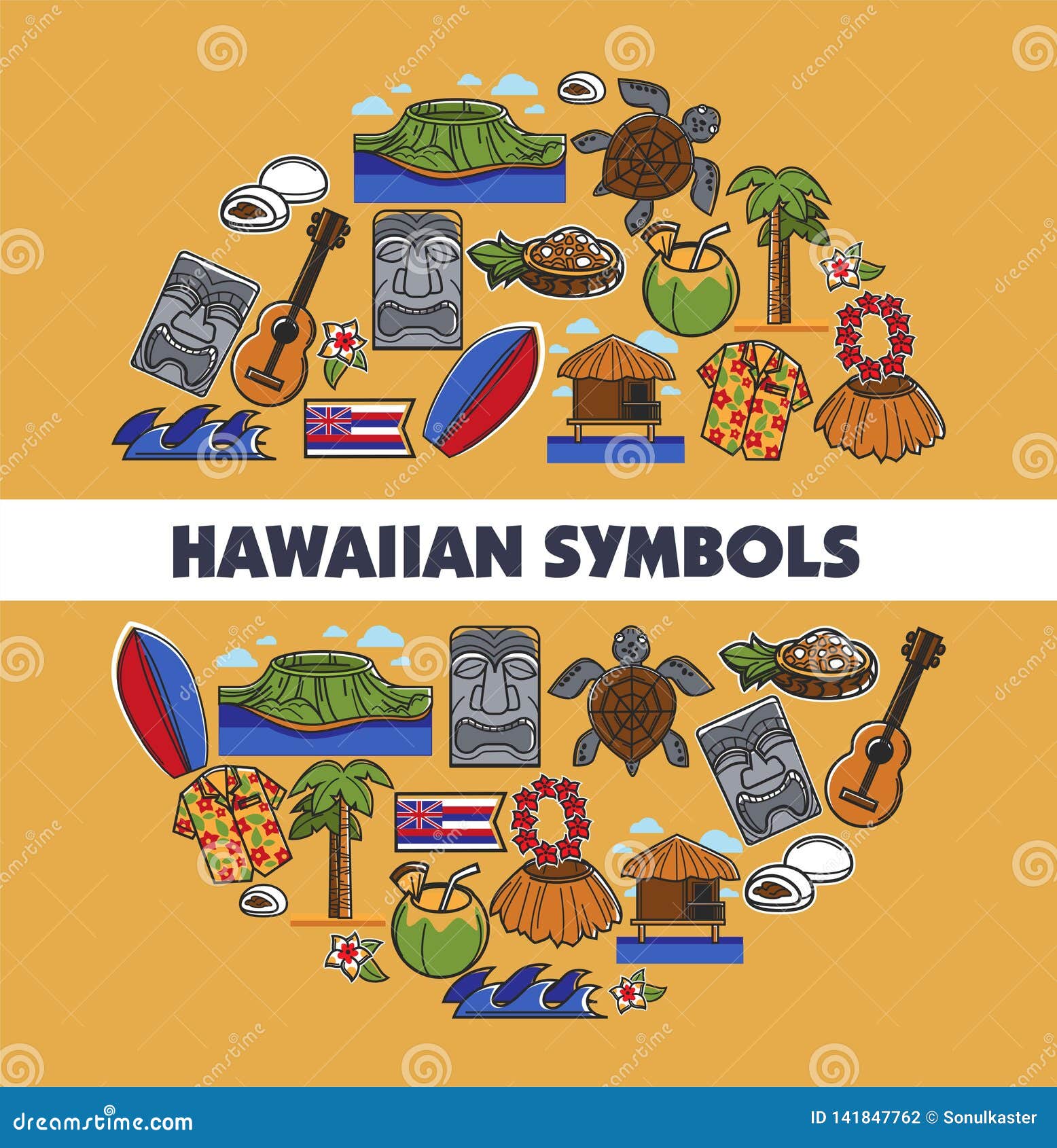 Hawaiian Symbols Traveling Tropical Island Hawaii Vector Illustration