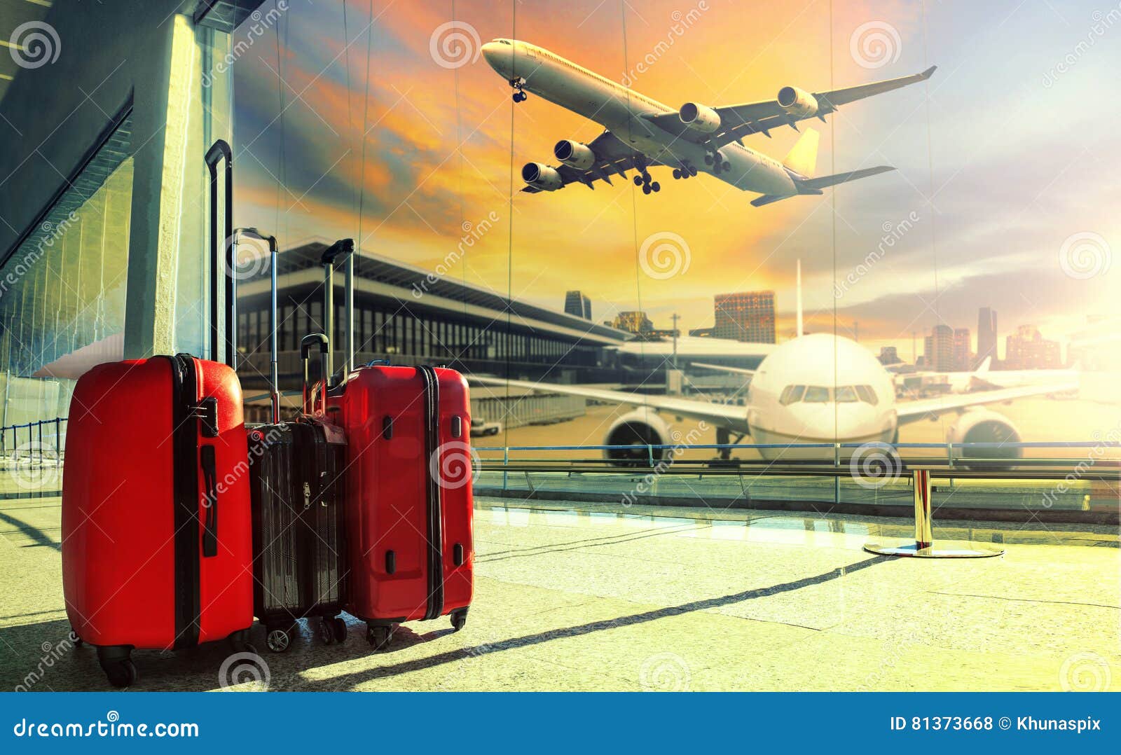 traveling luggage in airport terminal building and jet plane fly
