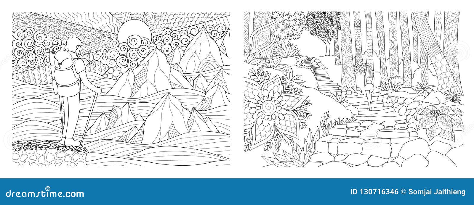 Traveling in Nature Adult Coloring Pages Collection. Vector ...