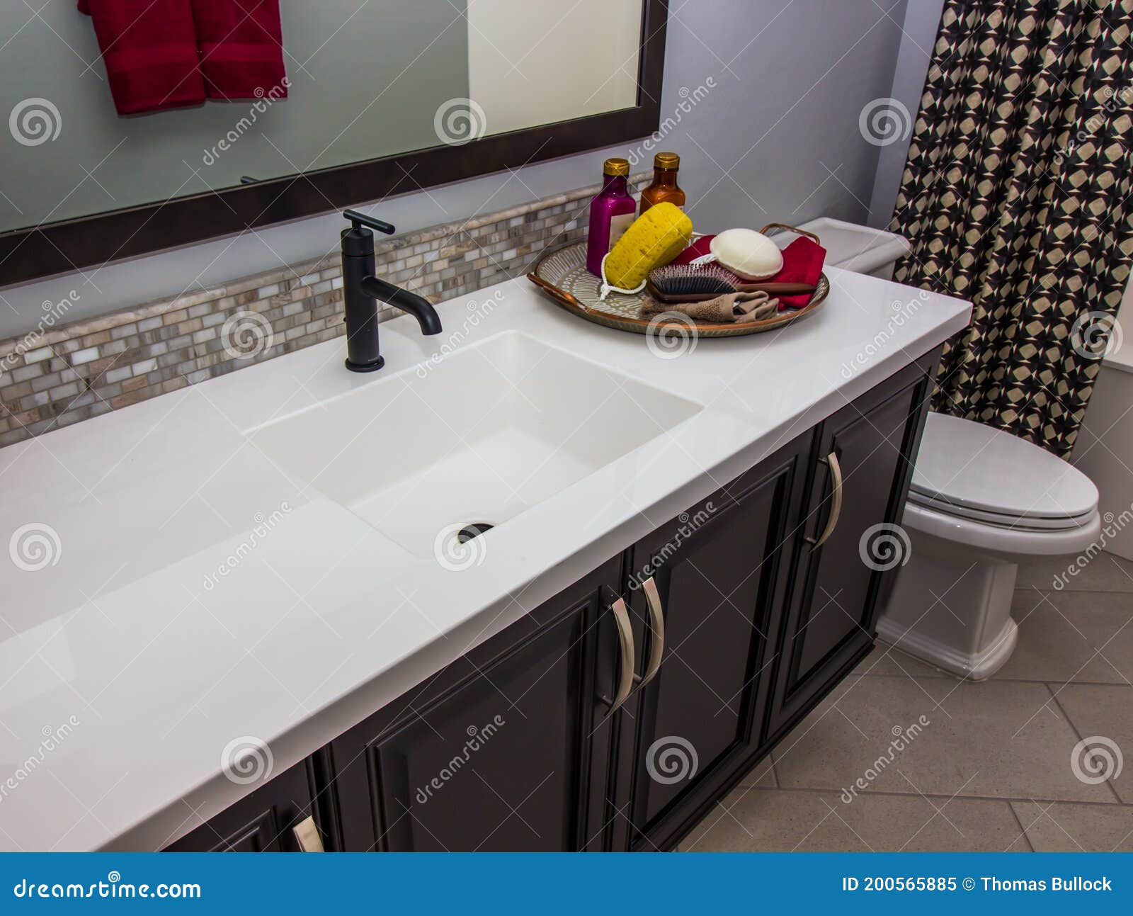 Tray of Bath Supplies on Modern Kitchen Sink Stock Image Image of