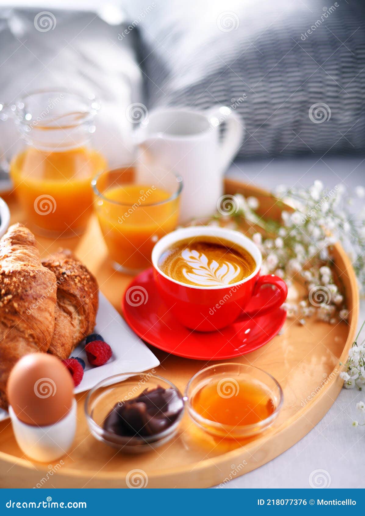 A Tray with Breakfast on a Bed in a Hotel Room Stock Photo Image of tasty, dish 218077376