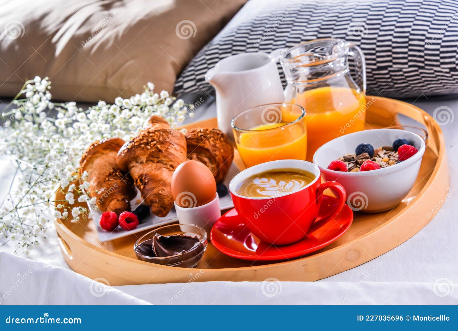 A Tray with Breakfast on a Bed in a Hotel Room Stock Photo Image of glass, juice 227035696