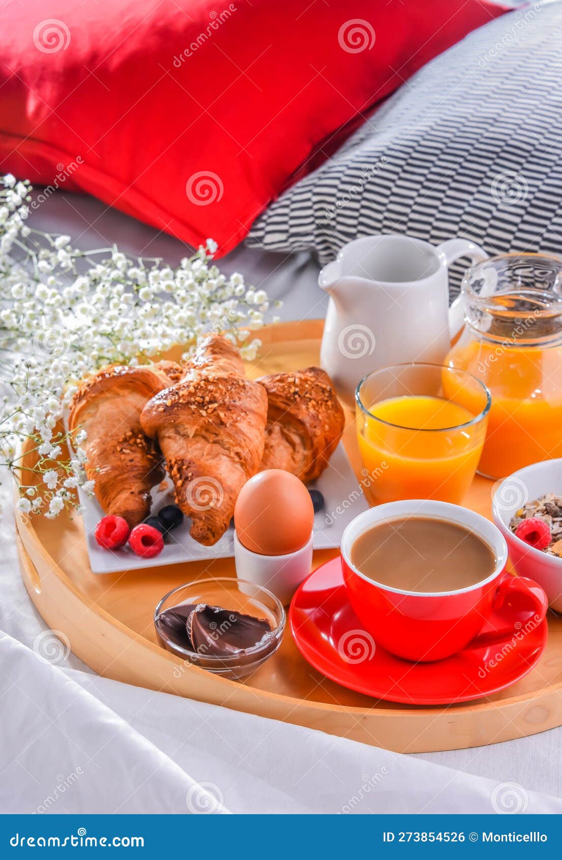 A Tray with Breakfast on a Bed in a Hotel Room Stock Photo Image of orange, food 273854526
