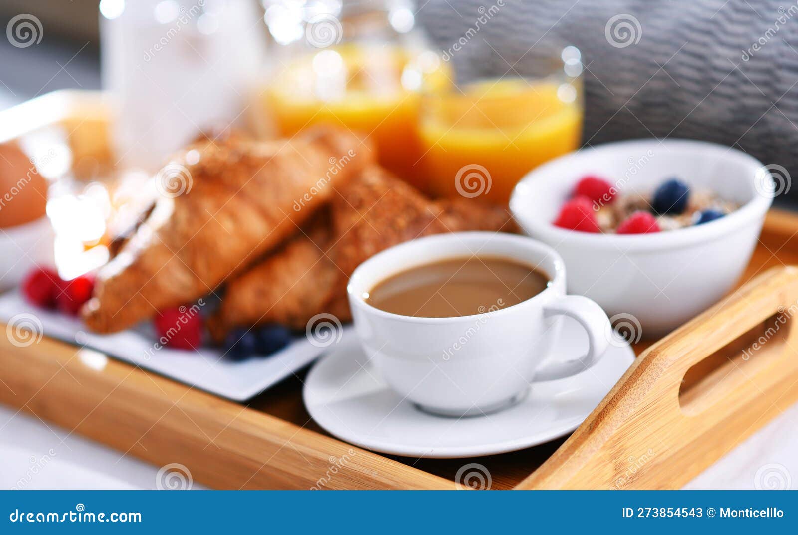 A Tray with Breakfast on a Bed in a Hotel Room Stock Image Image of fruit, beverage 273854543