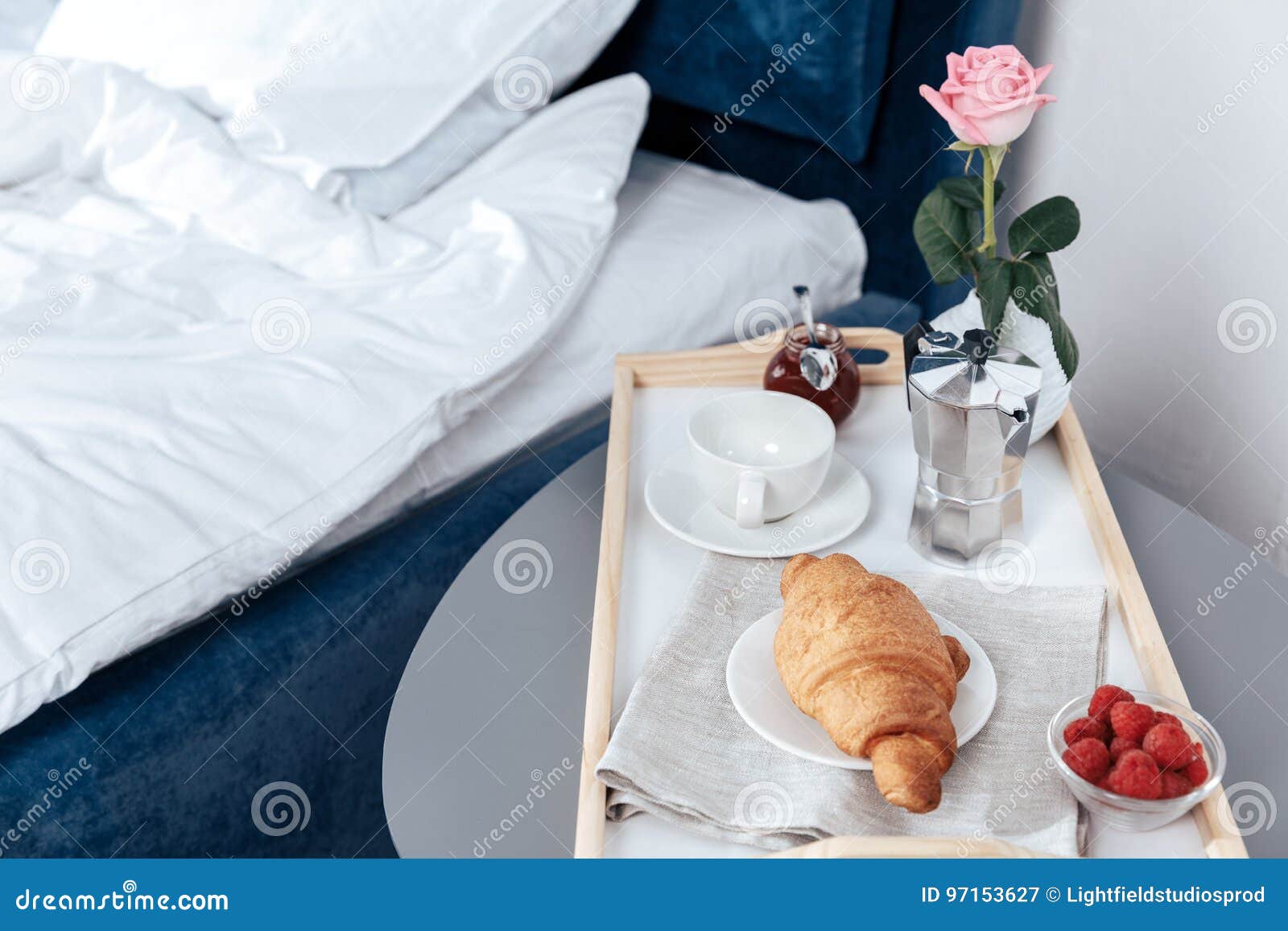 Tray with Breakfast on Table Near Bed Stock Image Image of flower