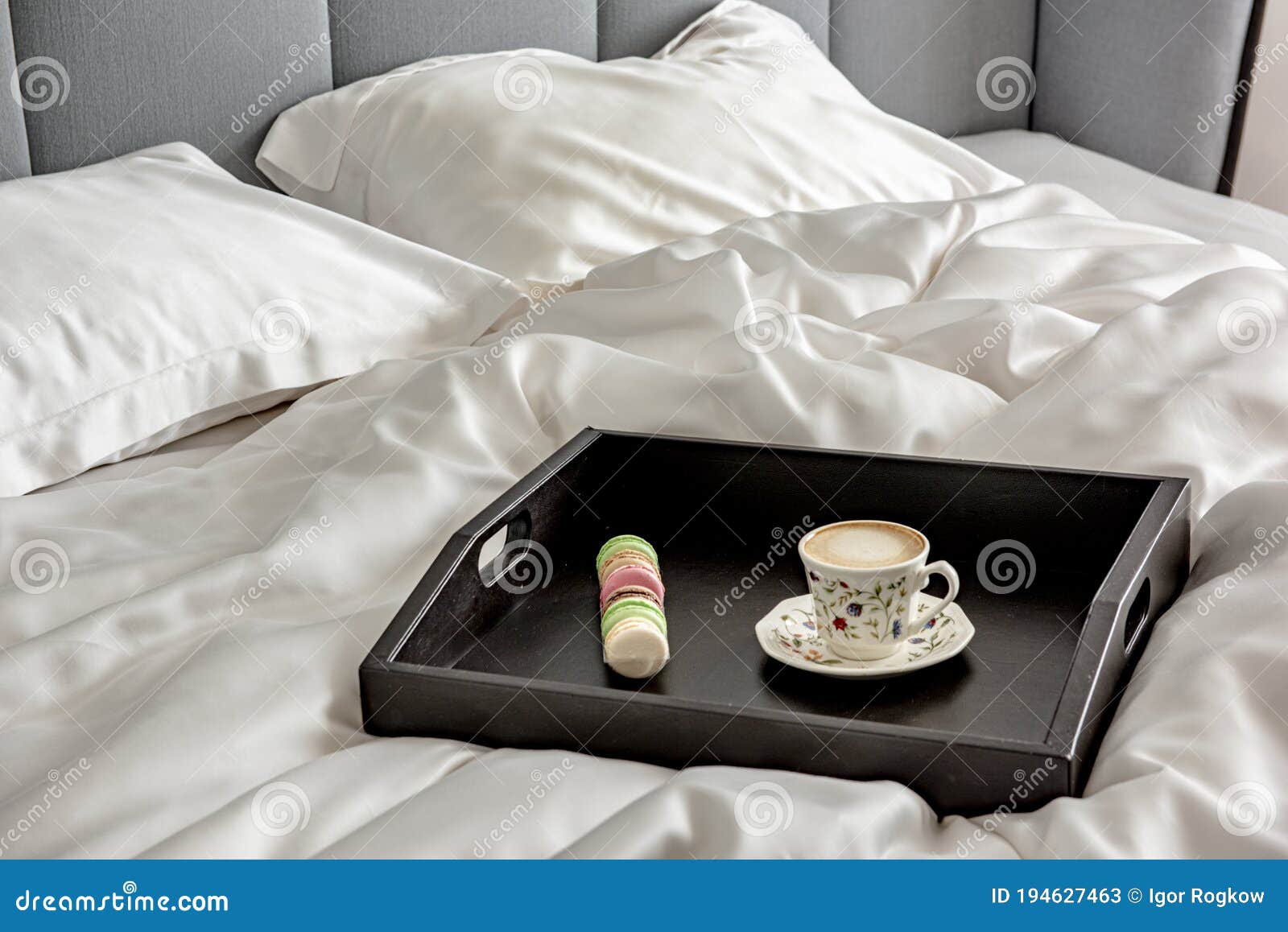 Tray with Coffee in a Large Bed in a King Size Bedroom Stock Image