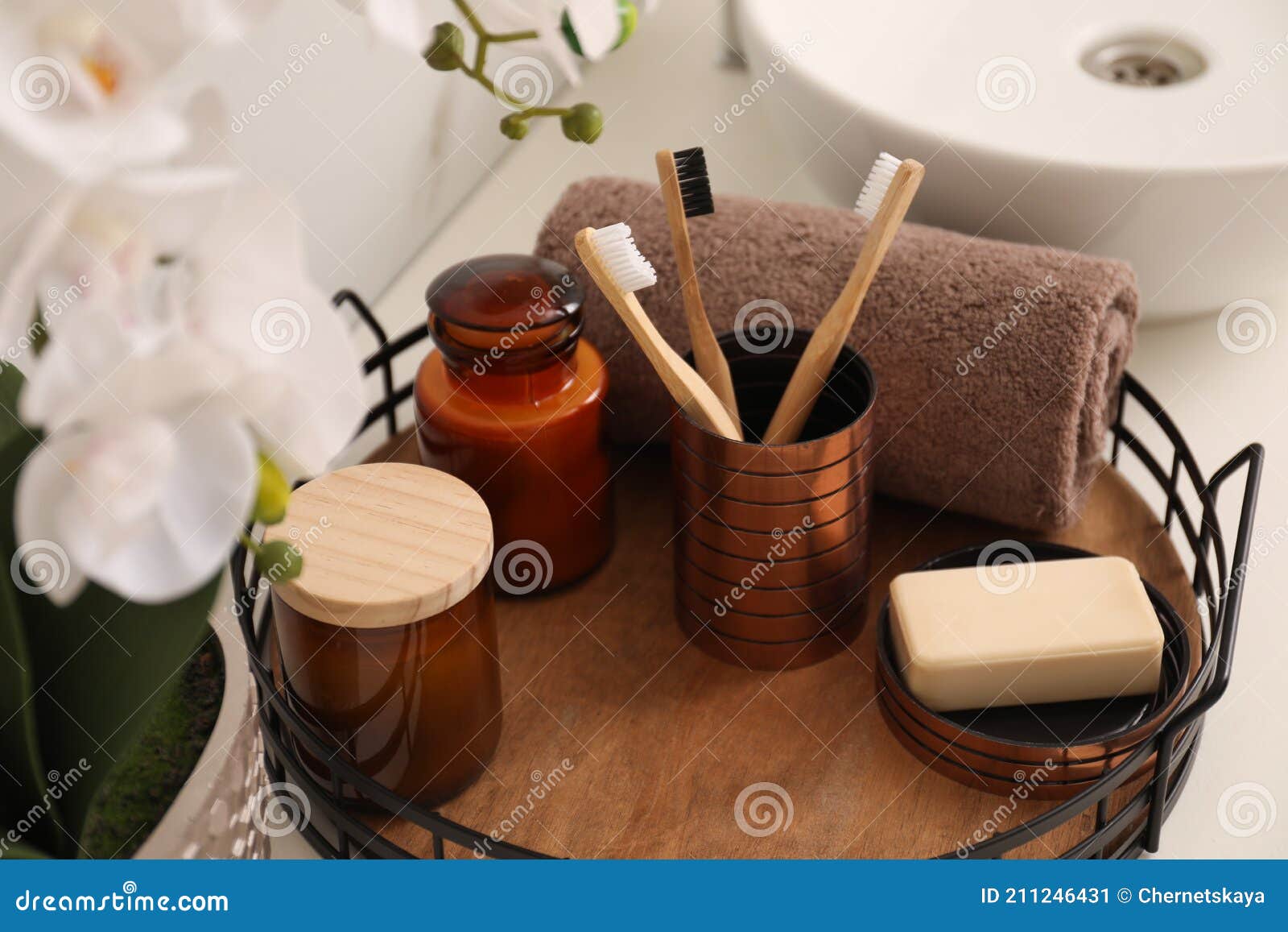 Tray with Different Toiletries on Countertop in Bathroom Stock Image
