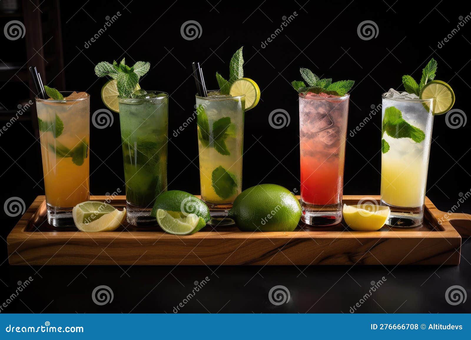 Tray of Mojito Cocktails, Each with Different Flavor Combinations Stock