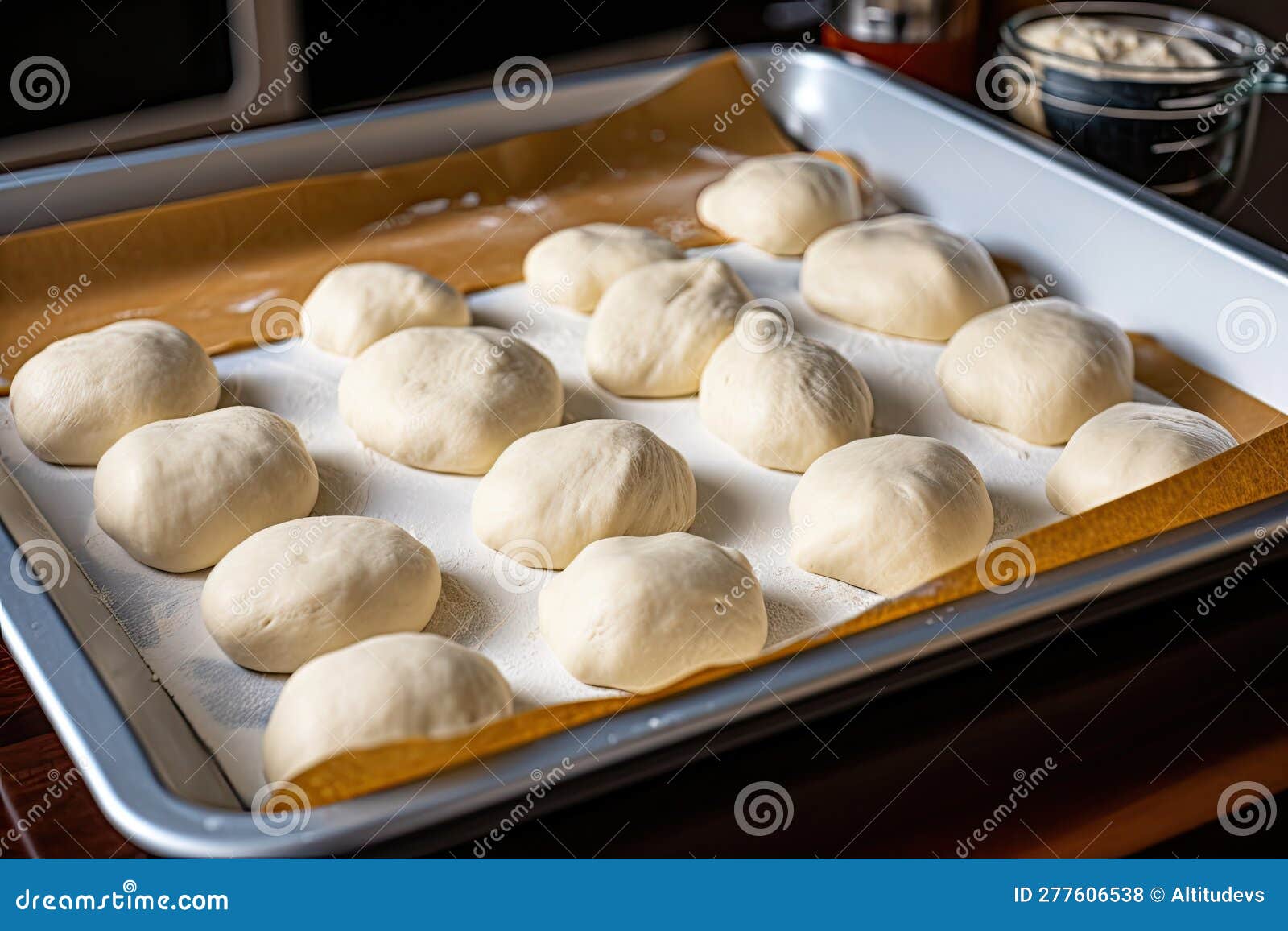Tray of Pizza Dough, Ready for Toppings and Baking in the Oven Stock