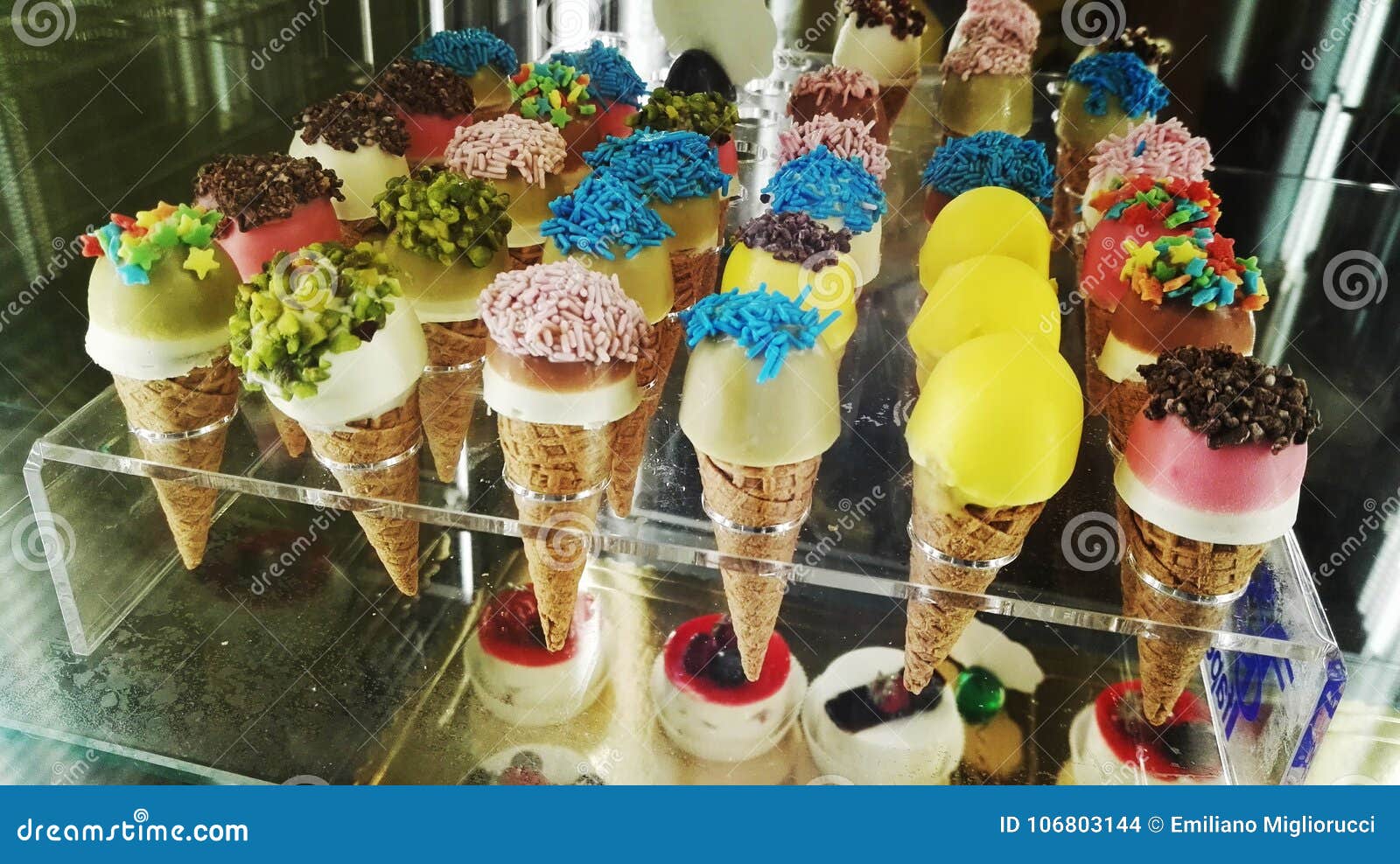 Tiny Ice Cream Cones On Tray Stock Photo 1295835508