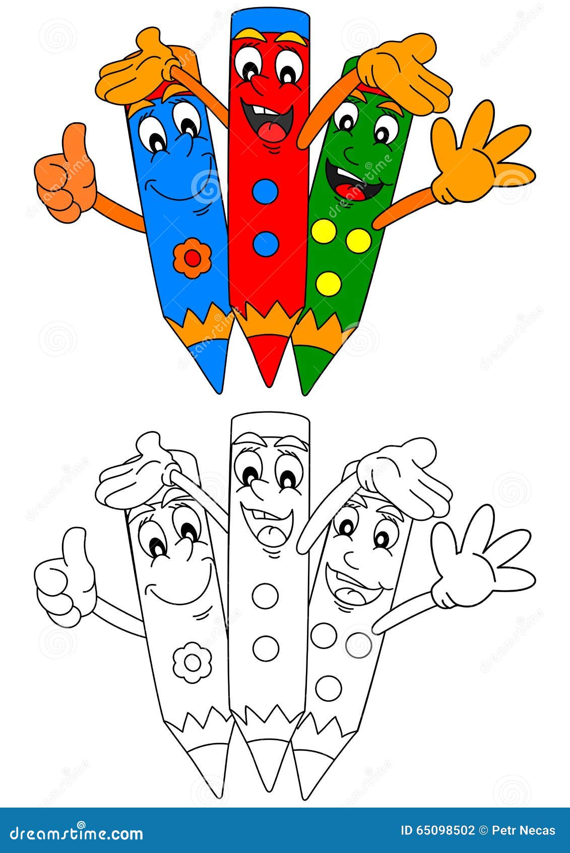 Tre matite colorate che sorridono e libri da colorare per i bambini