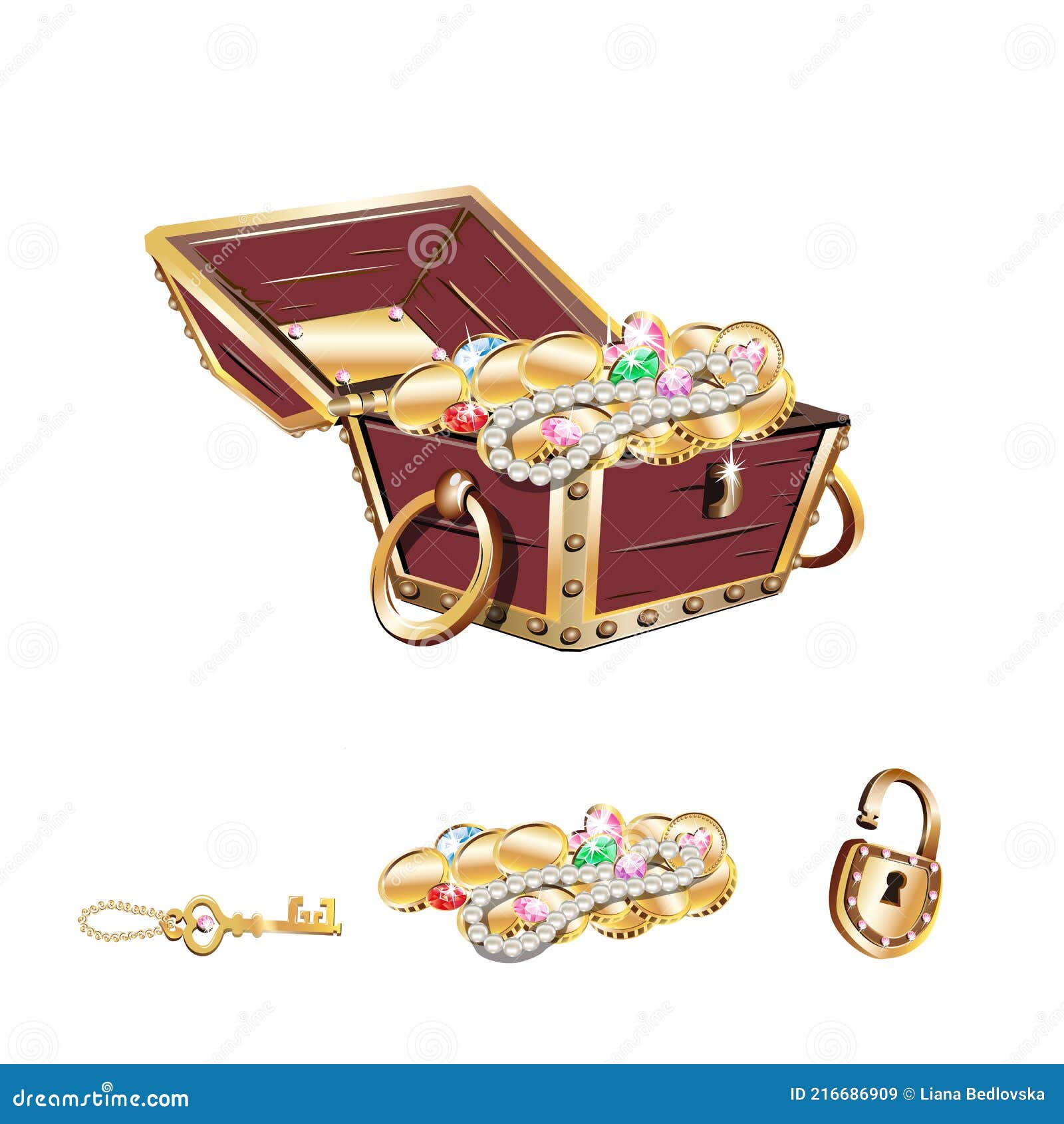 Vector Set of Treasure Chest, Coins, Gems, Key, Lock Stock Vector Illustration of full, game