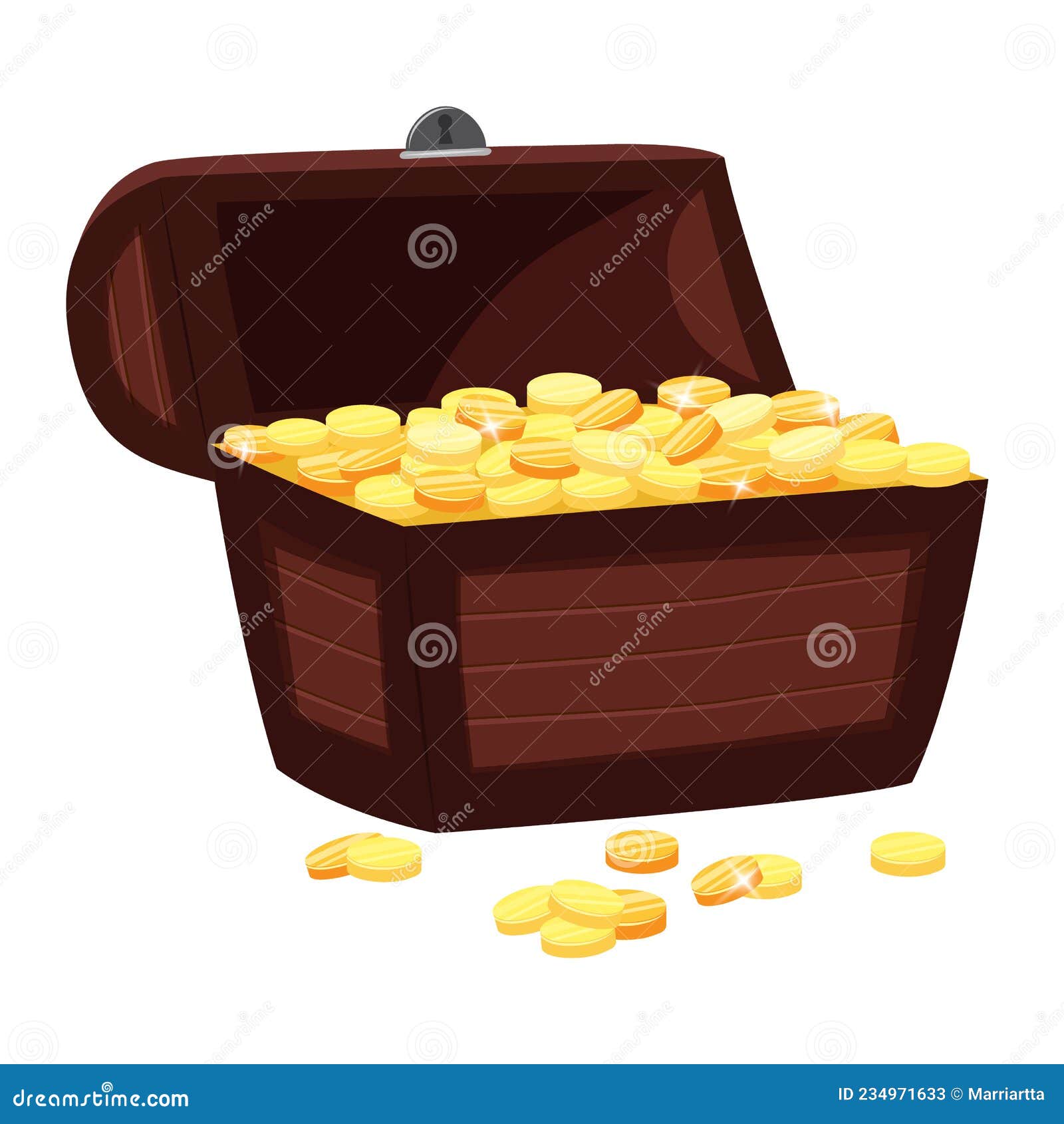 Open treasure chest with gold coins isolated on white Stock Photo