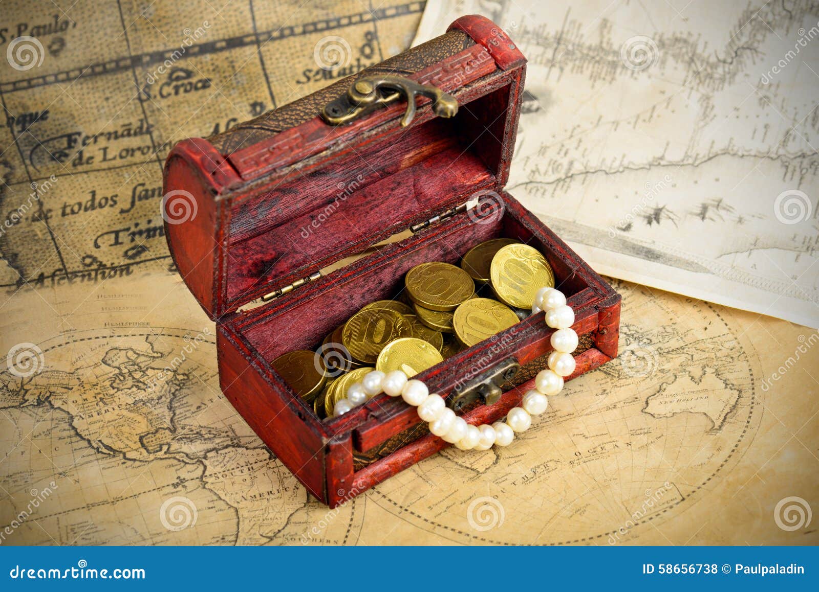 Treasure chest on old map stock photo. Image of threature 58656738