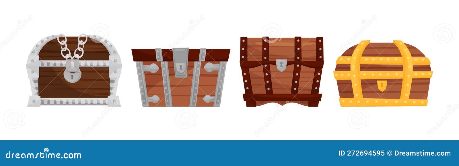 Treasure Chest with Padlock and Metal Band Vector Set Stock Illustration Illustration of wood