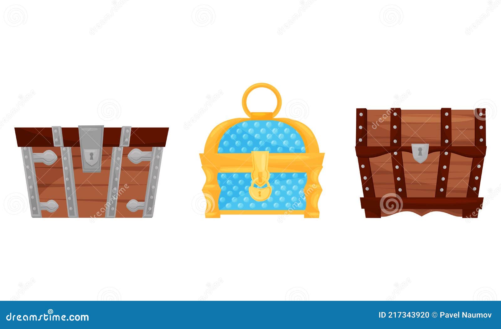 Treasure Chest with Padlock and Metal Band Vector Set Stock Vector