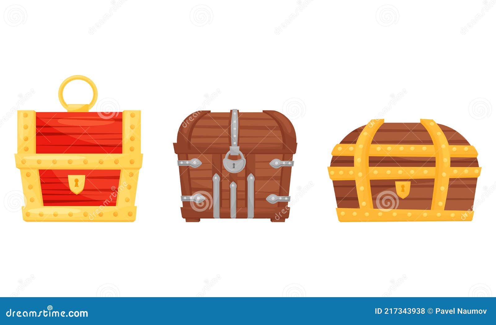 Treasure Chest with Padlock and Metal Band Vector Set Stock Vector