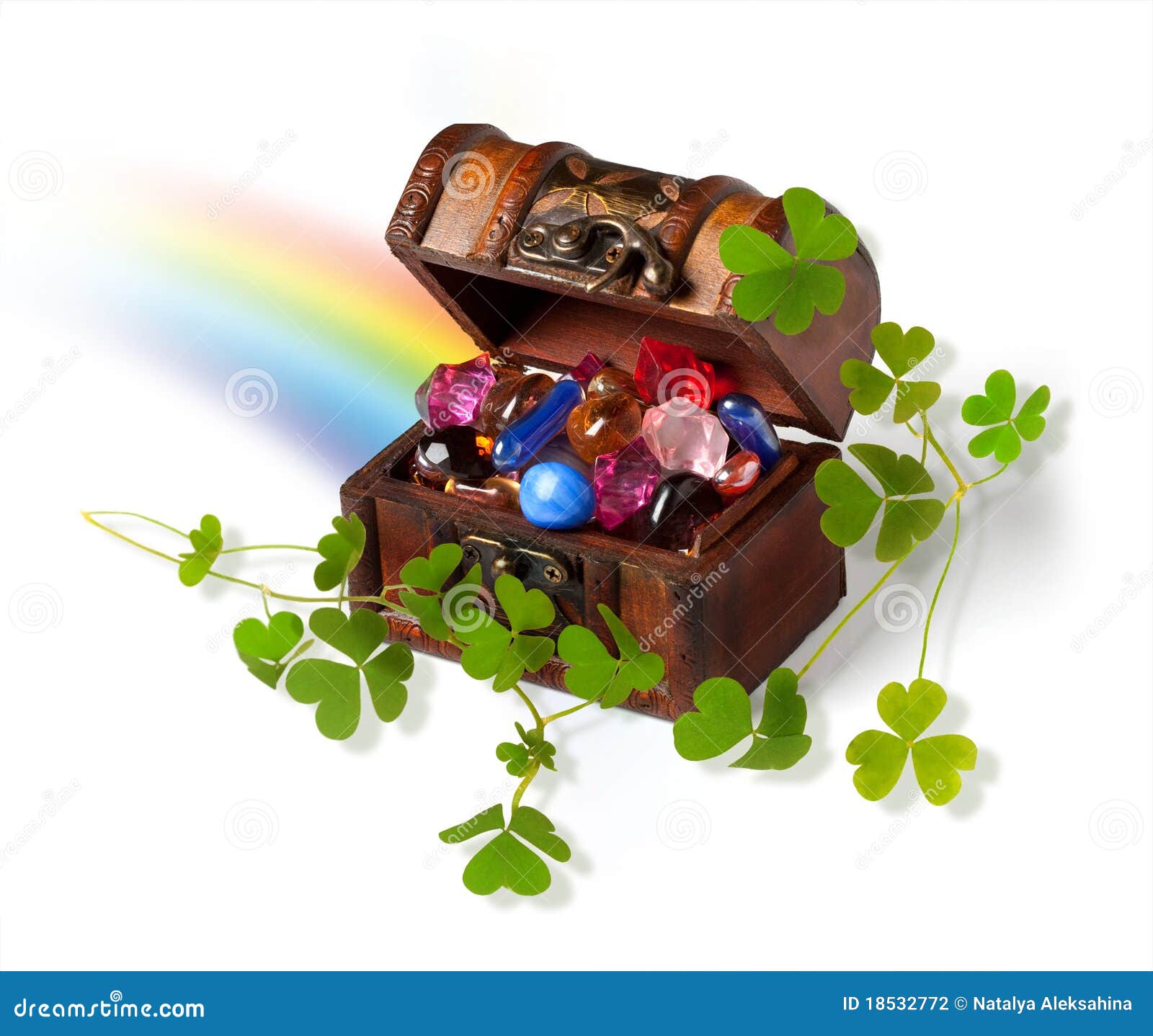 Treasure Chest, Shamrock Branches and Rainbow Stock Photo Image of
