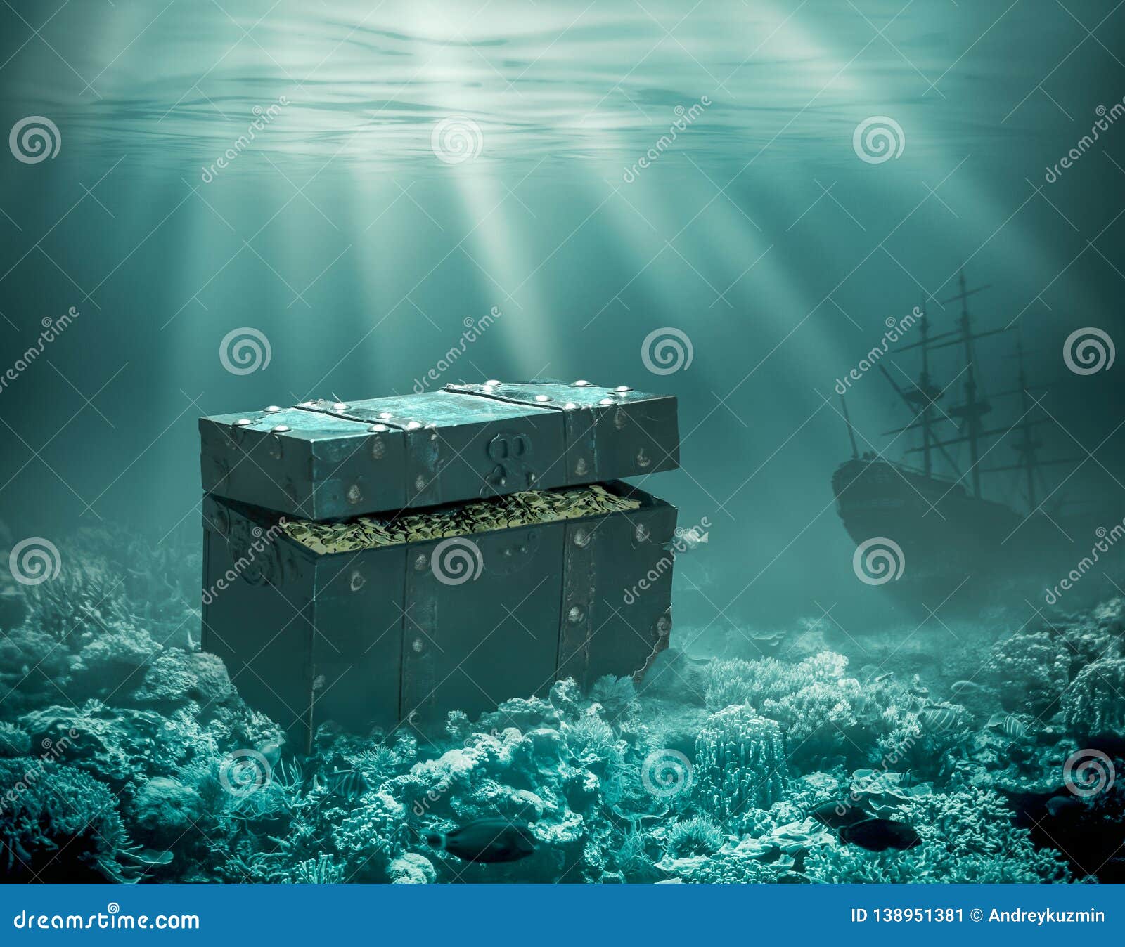 treasures on the seabed. sunken chest with gold and merchant ship under water 3d 