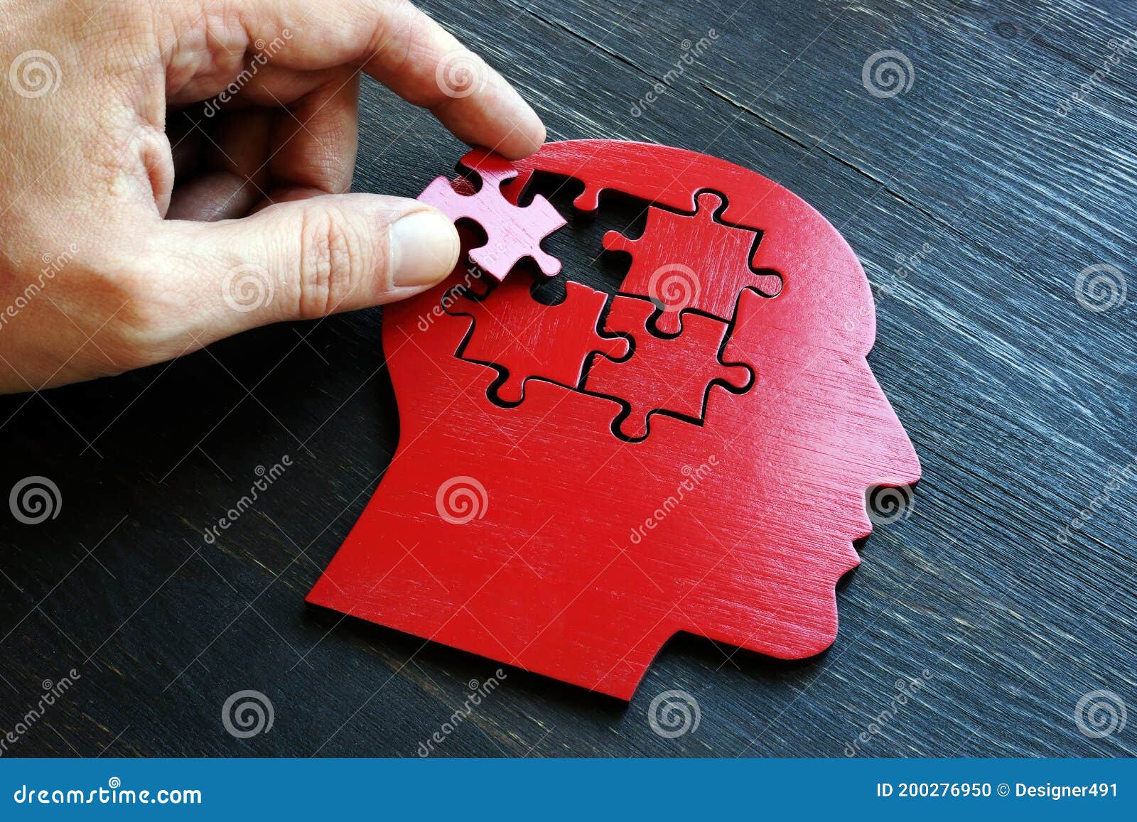 treating mental illness and memory problems. the hand puts a piece of the puzzle on the  of the head.