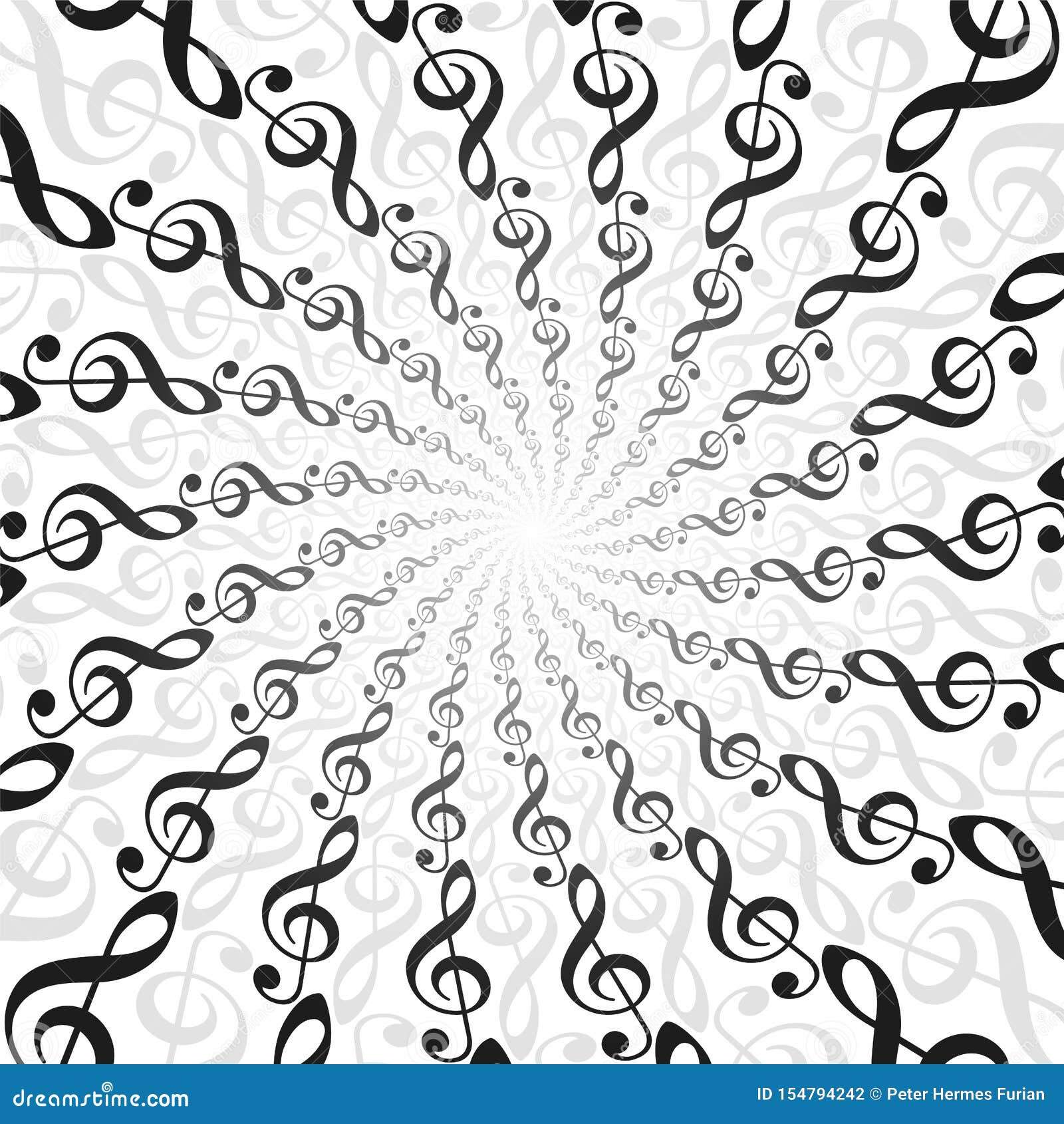 treble clefs music radial pattern spirale white background