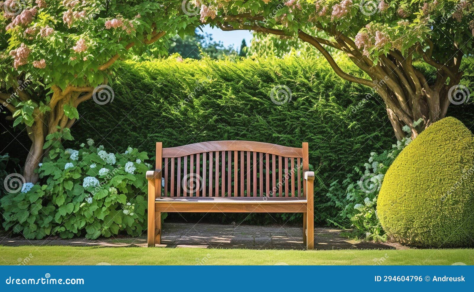 Tree Arch and Wooden Garden Bench on a Grass Lawn, Beech Hedge in
