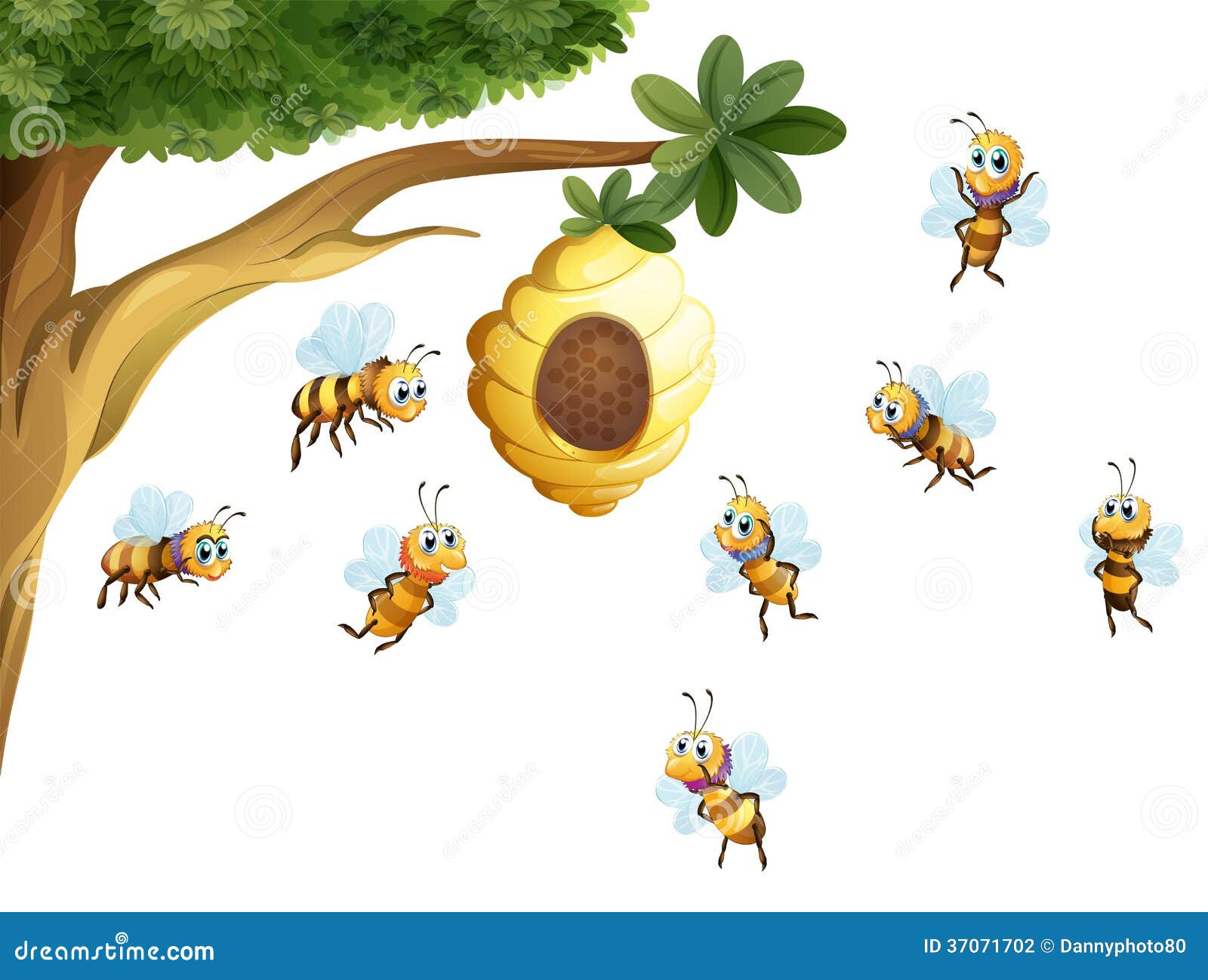 A Tree with a Beehive Surrounded by Bees Stock Illustration