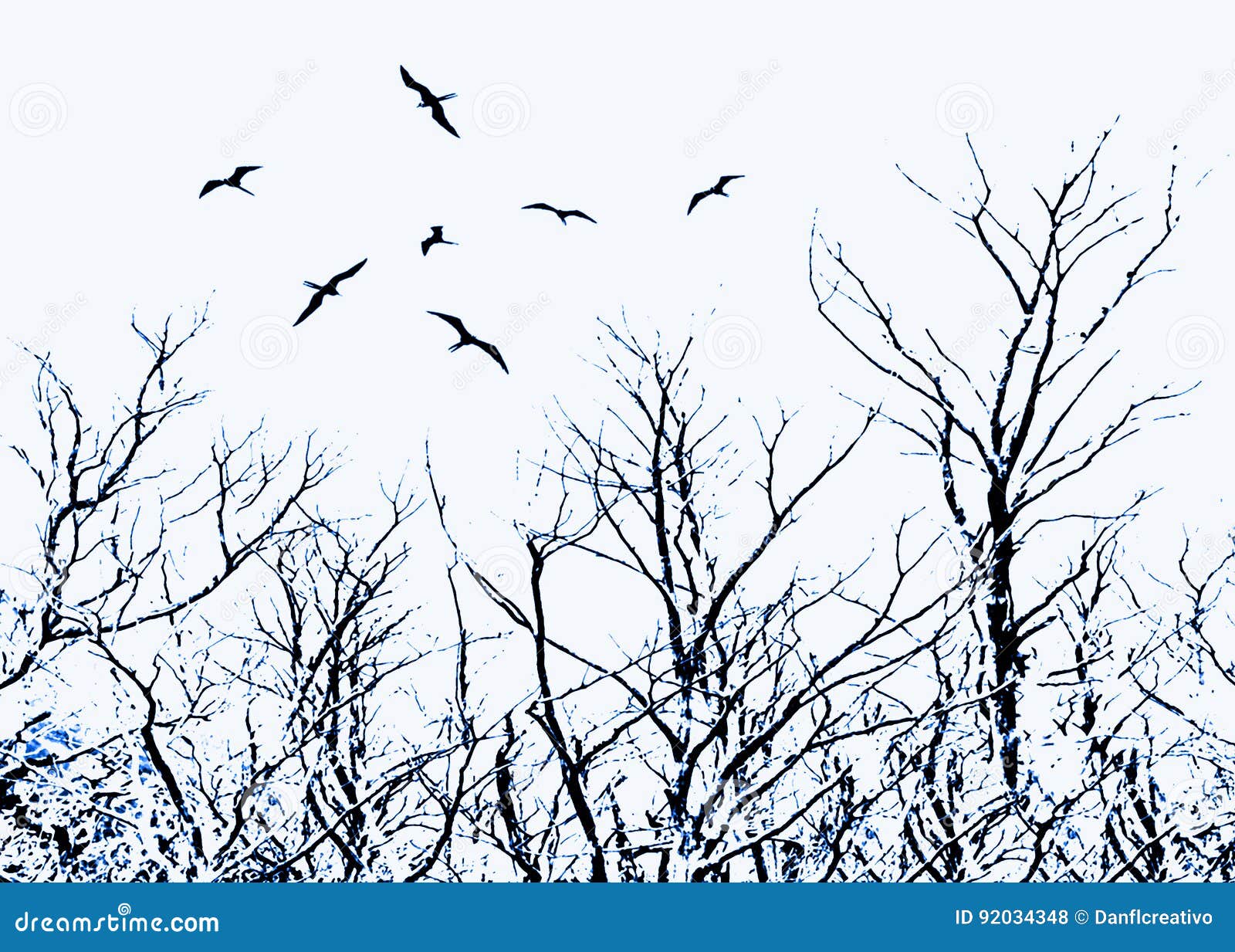 Tree and Birds Dark Scene Illustration. collage illustration landscape scene with birds flying over leaveless trees against white background