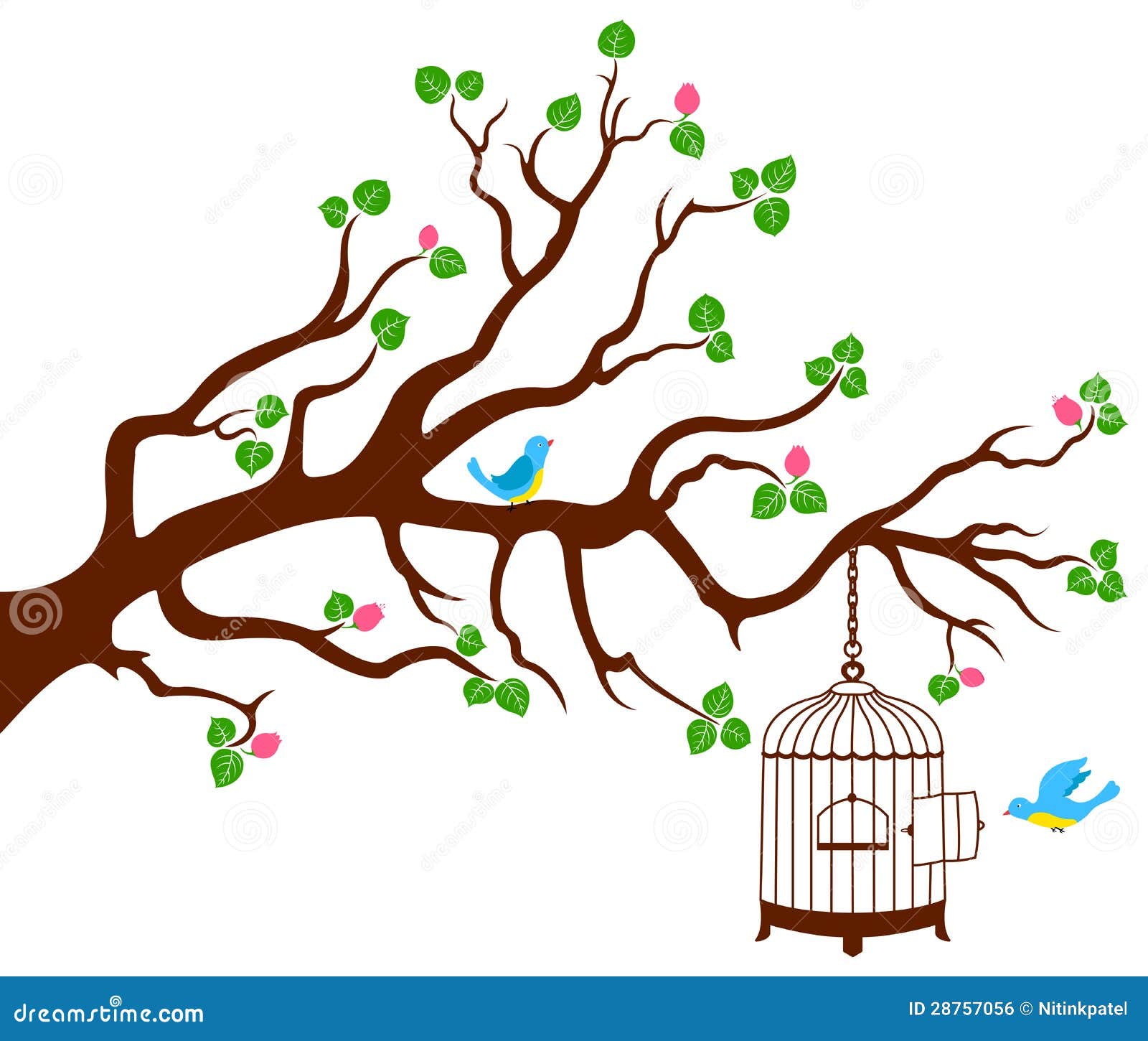 Tree Branch with Bird Cage and Two Birds Stock Illustration
