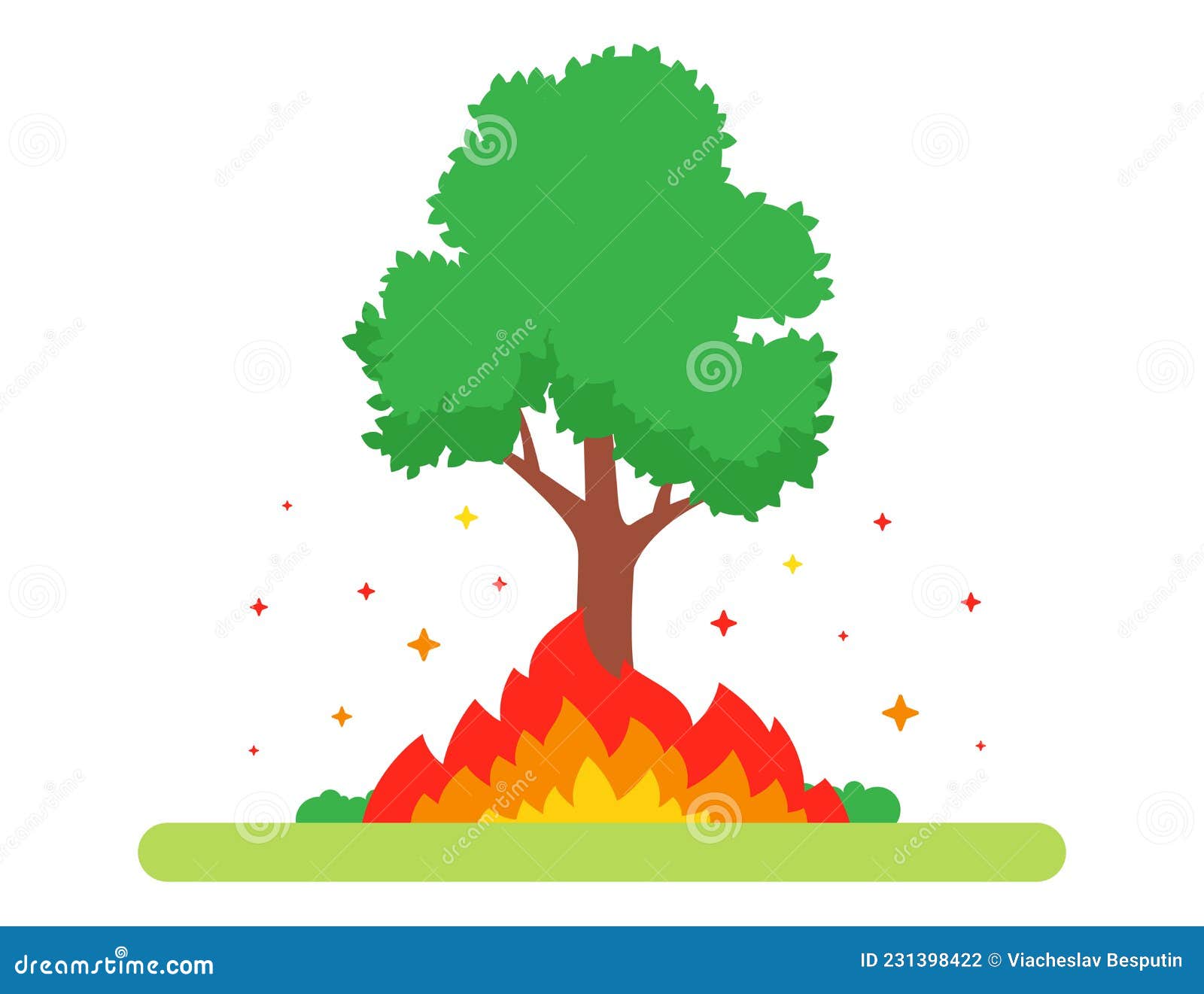 The Tree Burns in Nature. Big Fire Stock Vector Illustration of green
