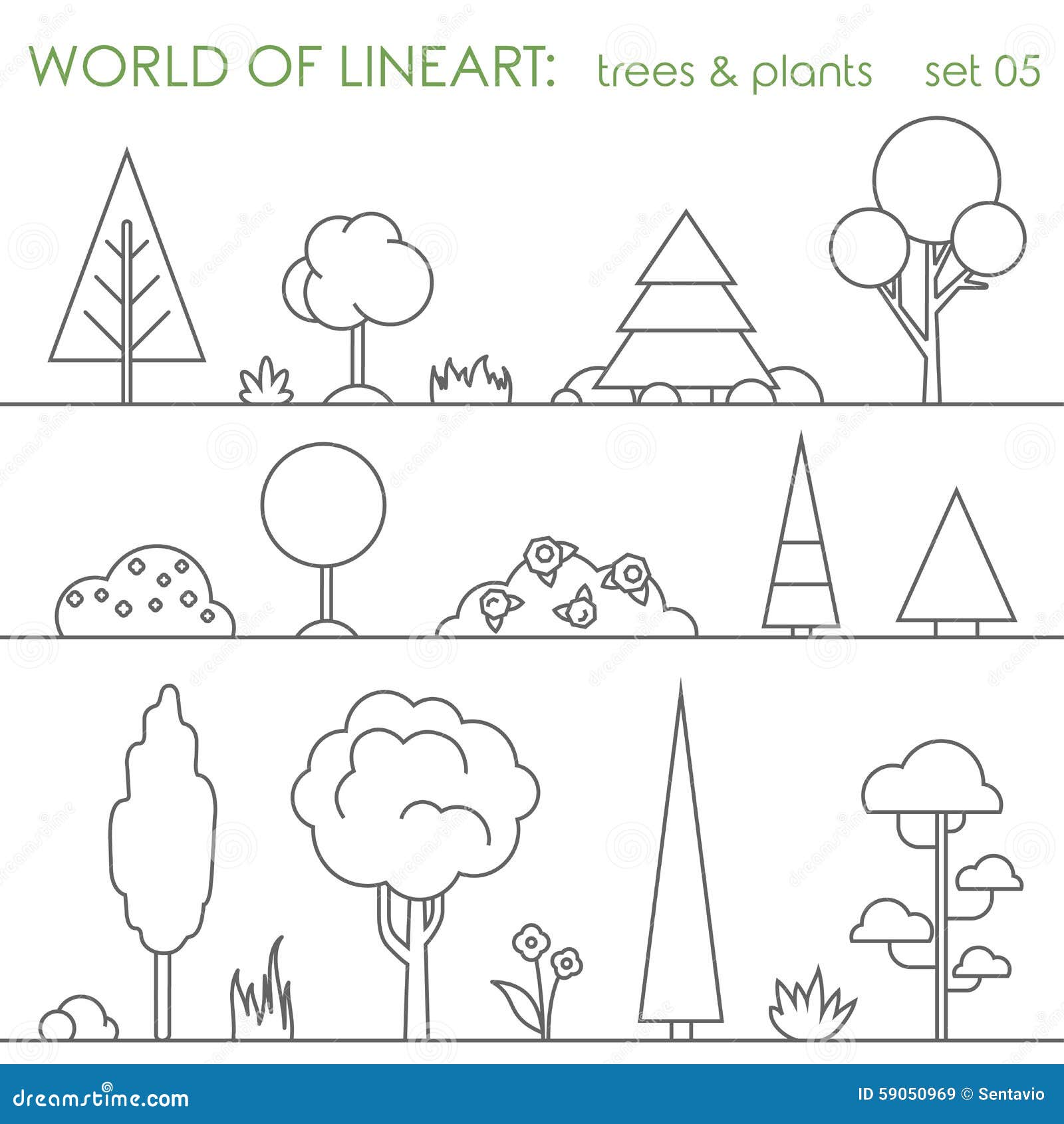 tree bush plant graphical lineart set. line art 