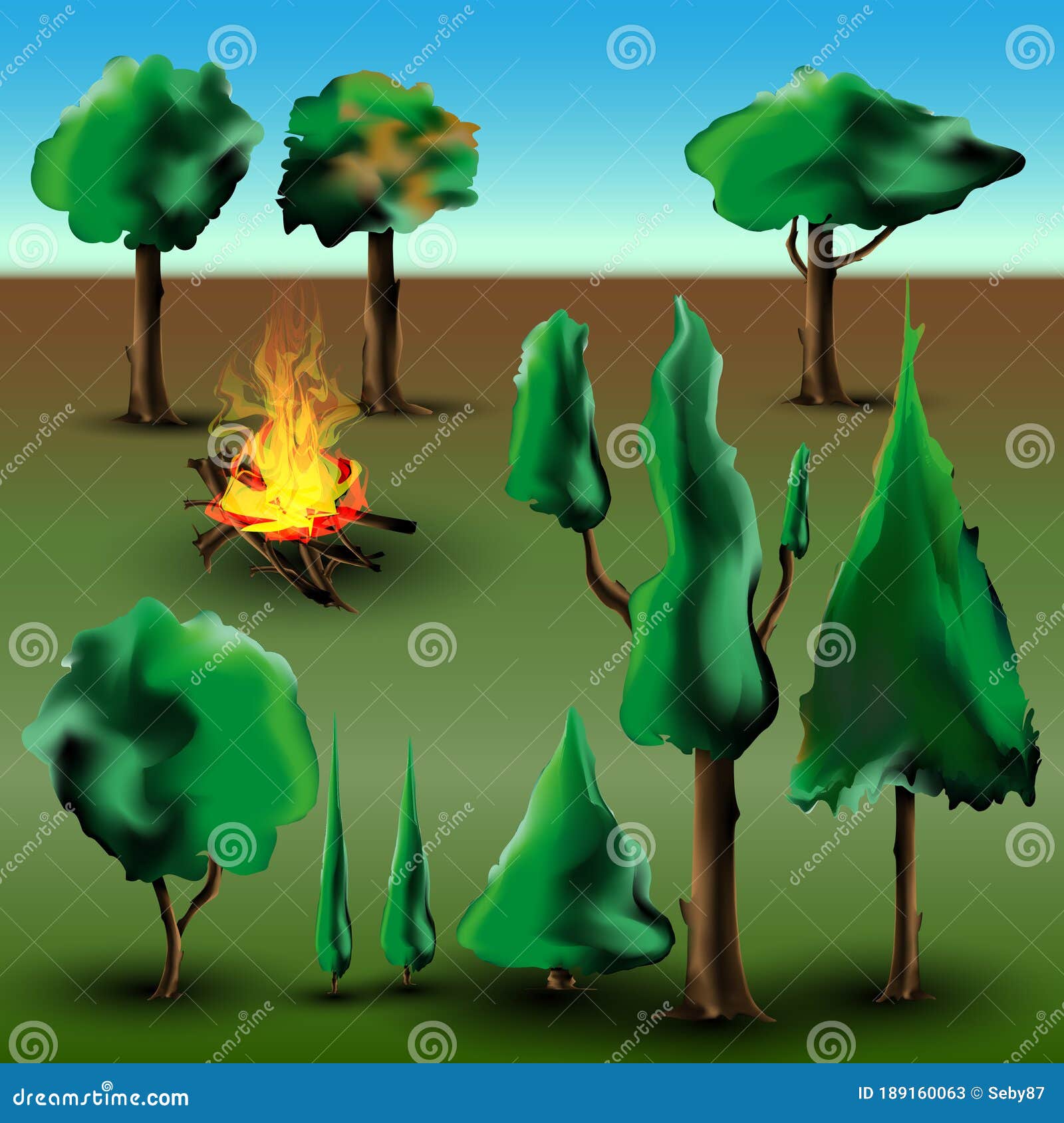 Tree and Bush Set with Fire Stock Vector Illustration of environment